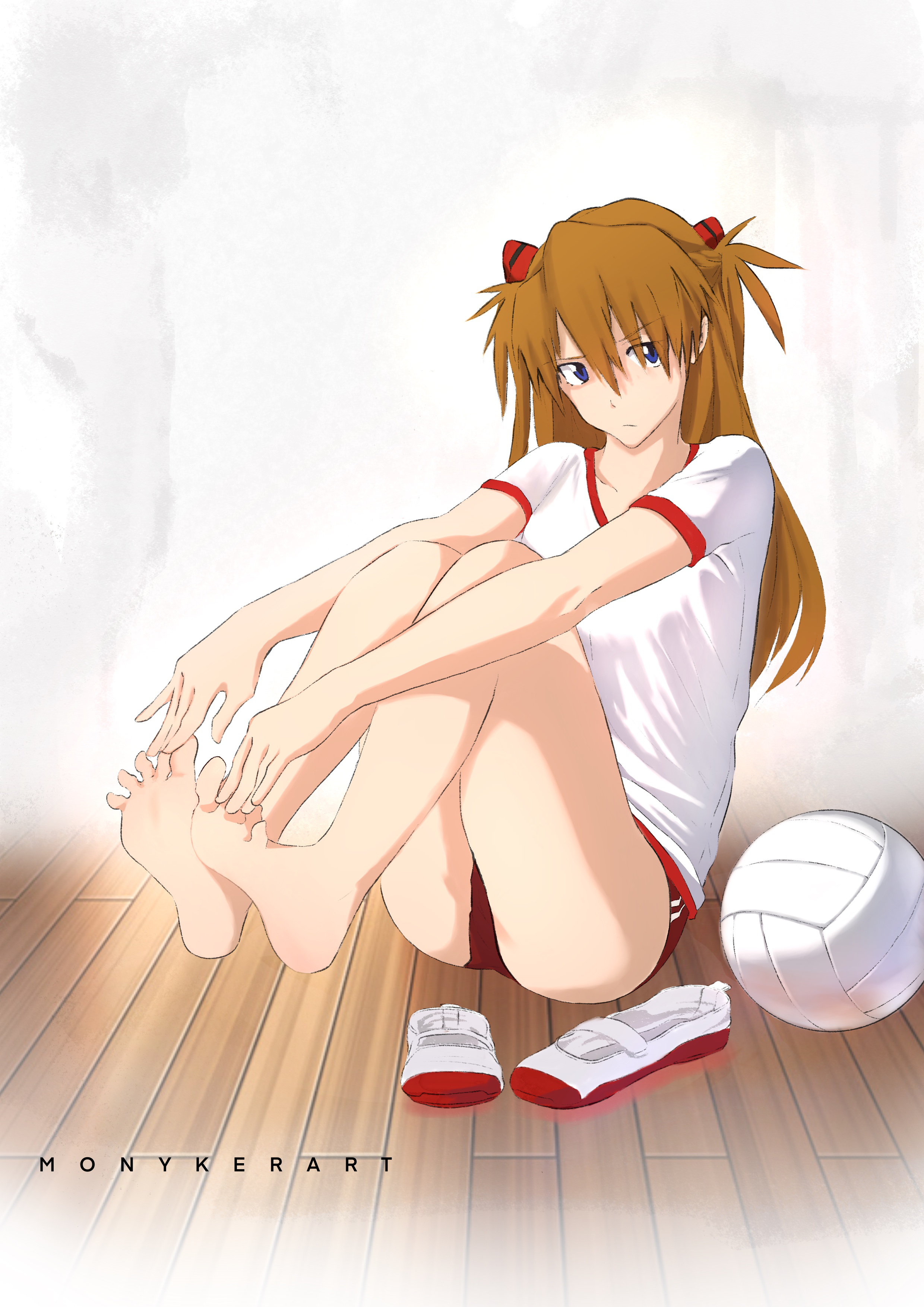 asuka langley sohryu, bare legs, barefoot, feet, female, long hair, looking at viewer, monyker, neon genesis evangelion, red hair, schoolgirl, shoes, sitting, sitting on floor, sports uniform, sportswear, uwabaki