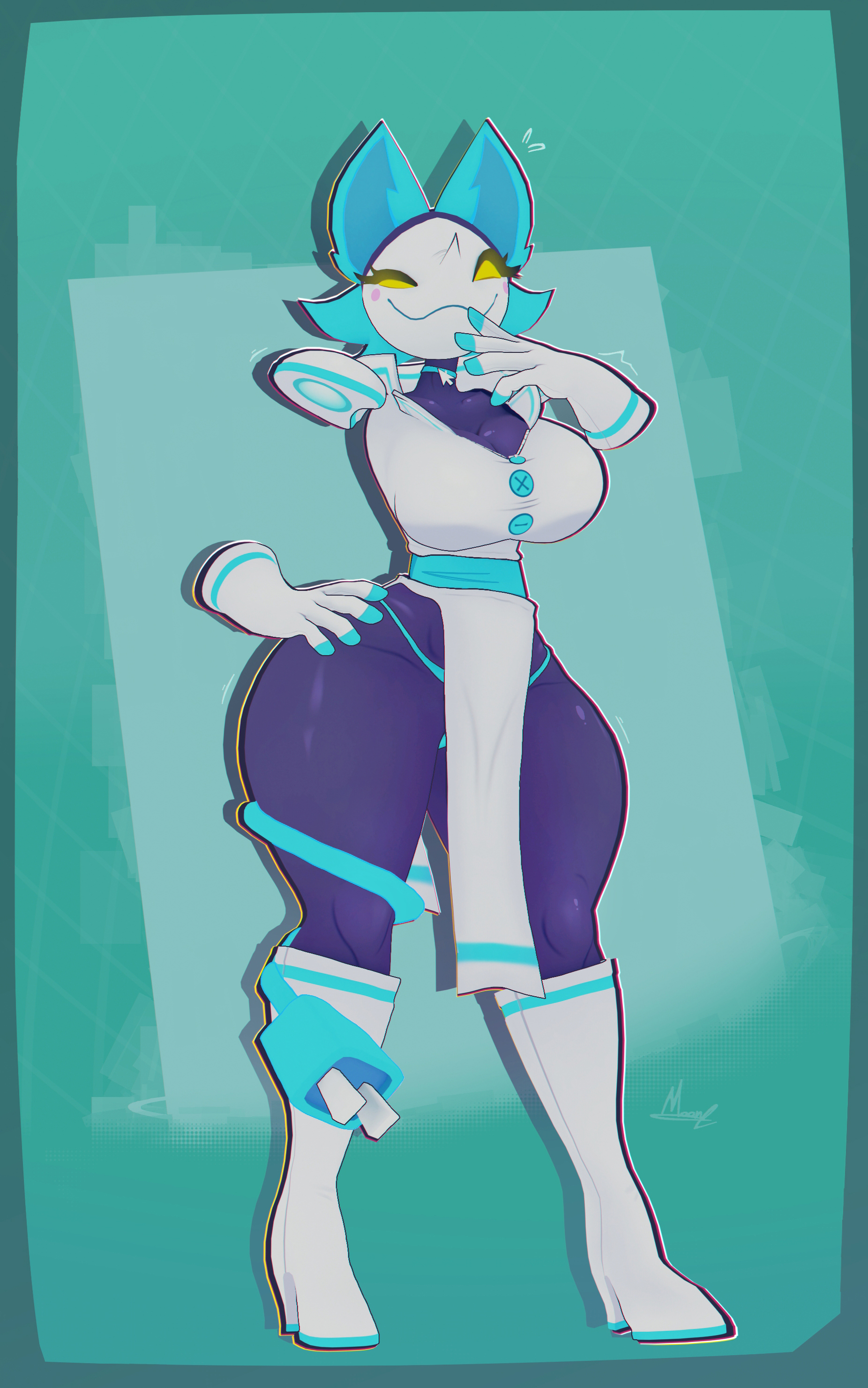 1girls, 2023, 2d, 2d (artwork), 3d, 3d (artwork), 5 fingers, big breasts, big thighs, blue panties, boots, breasts, child bearing hips, cleavage, clothes, clothing, deltarune, female, female focus, female only, floating hands, gloves, hi res, highres, hips, huge thighs, knee boots, large thighs, loincloth, moonshefff, panties, pauldrons, robot, robot girl, smile, smiling, solo, solo female, solo focus, standing, tail, tasque manager (cryptiacurves), tasque manager (deltarune), thick thighs, thighs, undertale (series), wide hips, yellow eyes