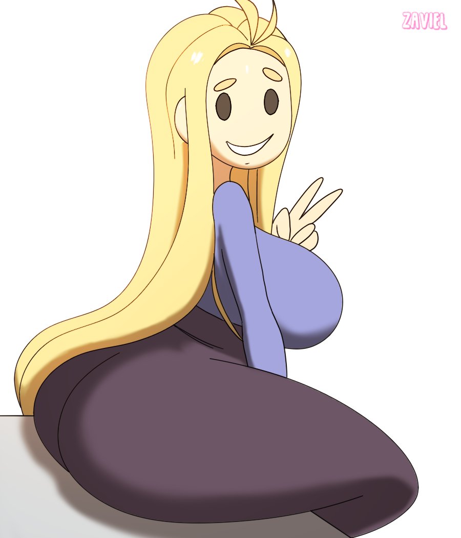 1girls artist_name artist_signature ass big_ass black_pants blonde_hair blue_shirt female huge_ass human large_breasts looking_at_viewer milf mob_face peace_sign savannahxyz sitting smile smiling solo solo_female thick_thighs white_background youtuber zaviel