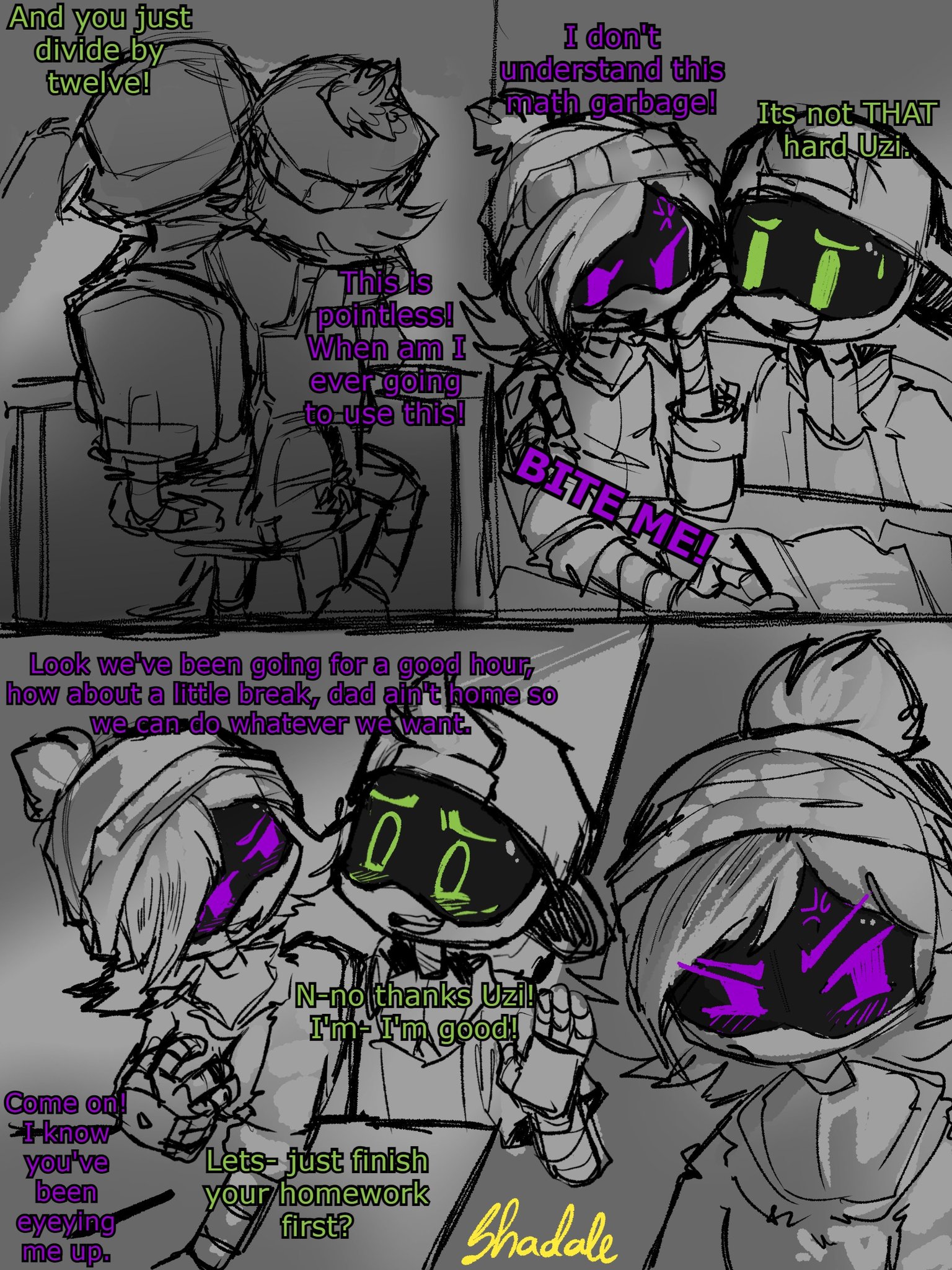 1boy, 1girls, 2d, anger vein, bedroom, blush, chair, comic, comic page, desk, dialogue, english dialogue, english text, female, glitch productions, green eyes, hat, humanoid, male, murder drones, purple eyes, robot, robot boy, robot girl, robot humanoid, screen face, shadale, short hair, signature, tagme, talking, teasing, text, thad (murder drones), thuzi, uzi (murder drones), white body, worker drone