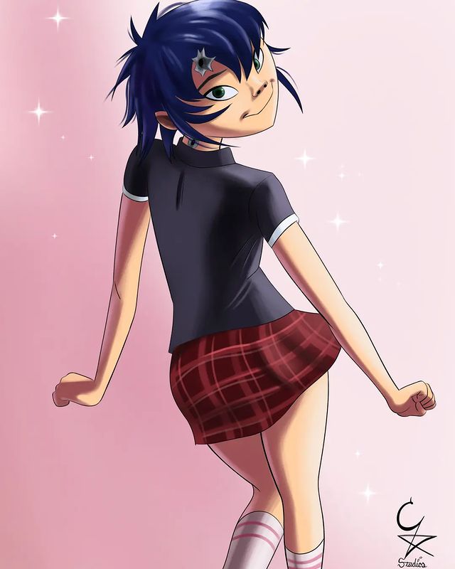 biting_lip bullet_hole cockstar_studios cyborg_noodle gorillaz kneesocks noodle_(gorillaz) school_uniform skirt smile