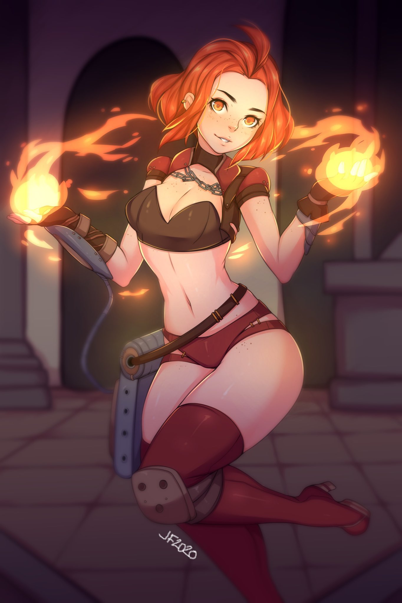 1female 1girl 1girls 2d 2d_(artwork) 2d_artwork 5-ish absurd_res armor boots breasts busty chandra_nalaar cleavage curvy female female_focus female_only fire girl girl_only highres hourglass_figure large_breasts magic_the_gathering midriff navel only_female panties red_boots red_eyes red_hair red_panties red_thighhighs revealing_clothes slim_waist solo solo_female solo_focus thick_thighs thigh_boots thighhighs thighs voluptuous_female wide_hips woman