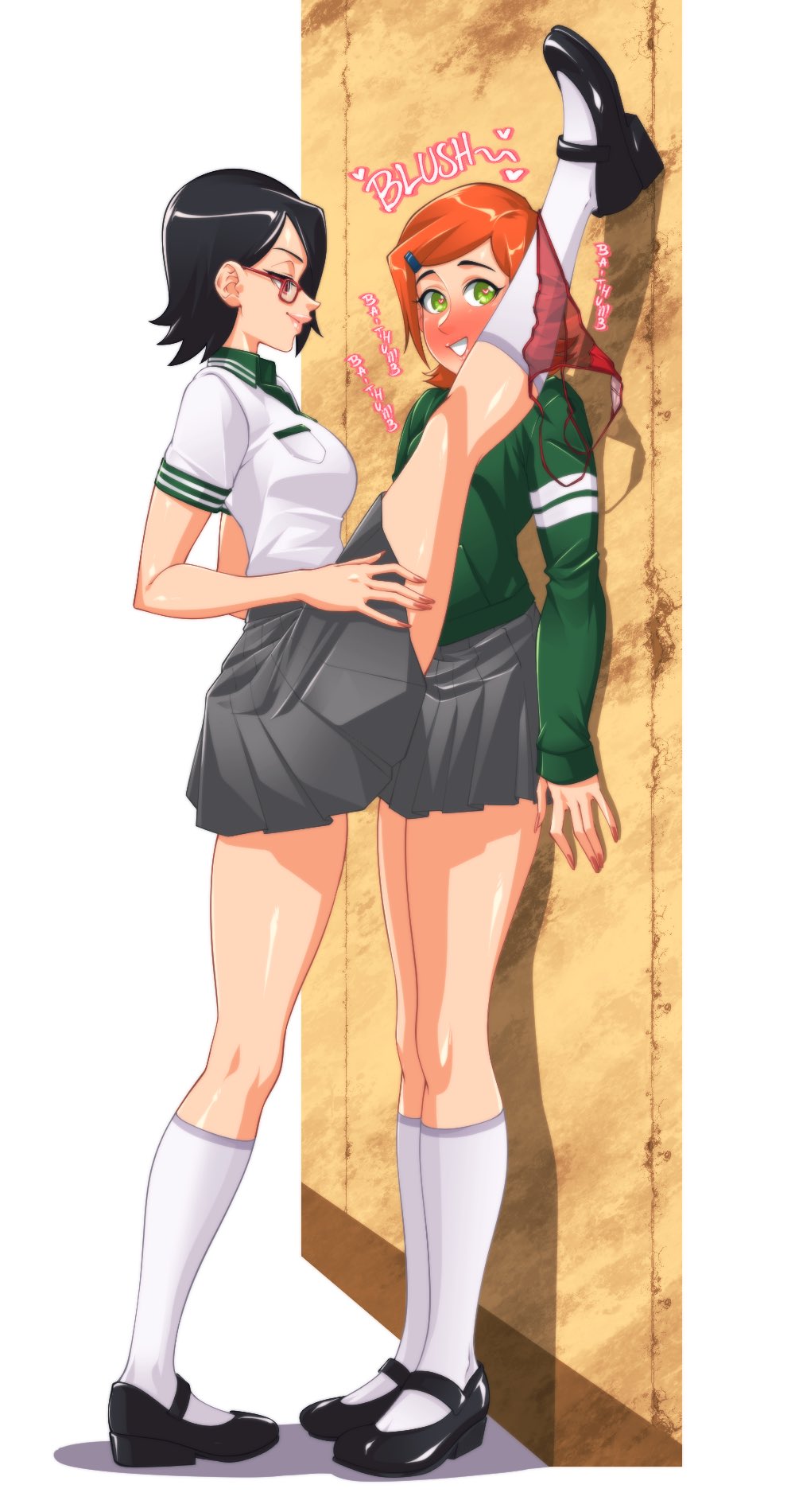 2girls against_wall ben_10 black_eyes black_hair black_shoes blush boruto:_naruto_next_generations crossover eastern_and_western_character female female/female female_only females_only flats footwear girls girls_only glasses green_eyes gwen_tennyson heart heart-shaped_pupils hearts implied_yuri kabedon knee_socks kneehighs kneesocks leg_kabedon leg_up lesbian lifting_leg lips naruto naruto_(series) naughty_face no_panties omiiverse only_female orange_hair panties panties_around_one_leg panties_down red_panties red_thong red_thong_panties sarada_uchiha school_shoes school_uniform schoolgirl schoolgirl_uniform seductive seductive_eyes seductive_look seductive_smile see-through see-through_panties shoes short_hair skirt smile socks socks_and_shoes standing standing_split teen teen_girl teenage_girl teenager thong thong_around_one_leg uchiha_sarada wall wall_(structure) white_background white_socks yuri