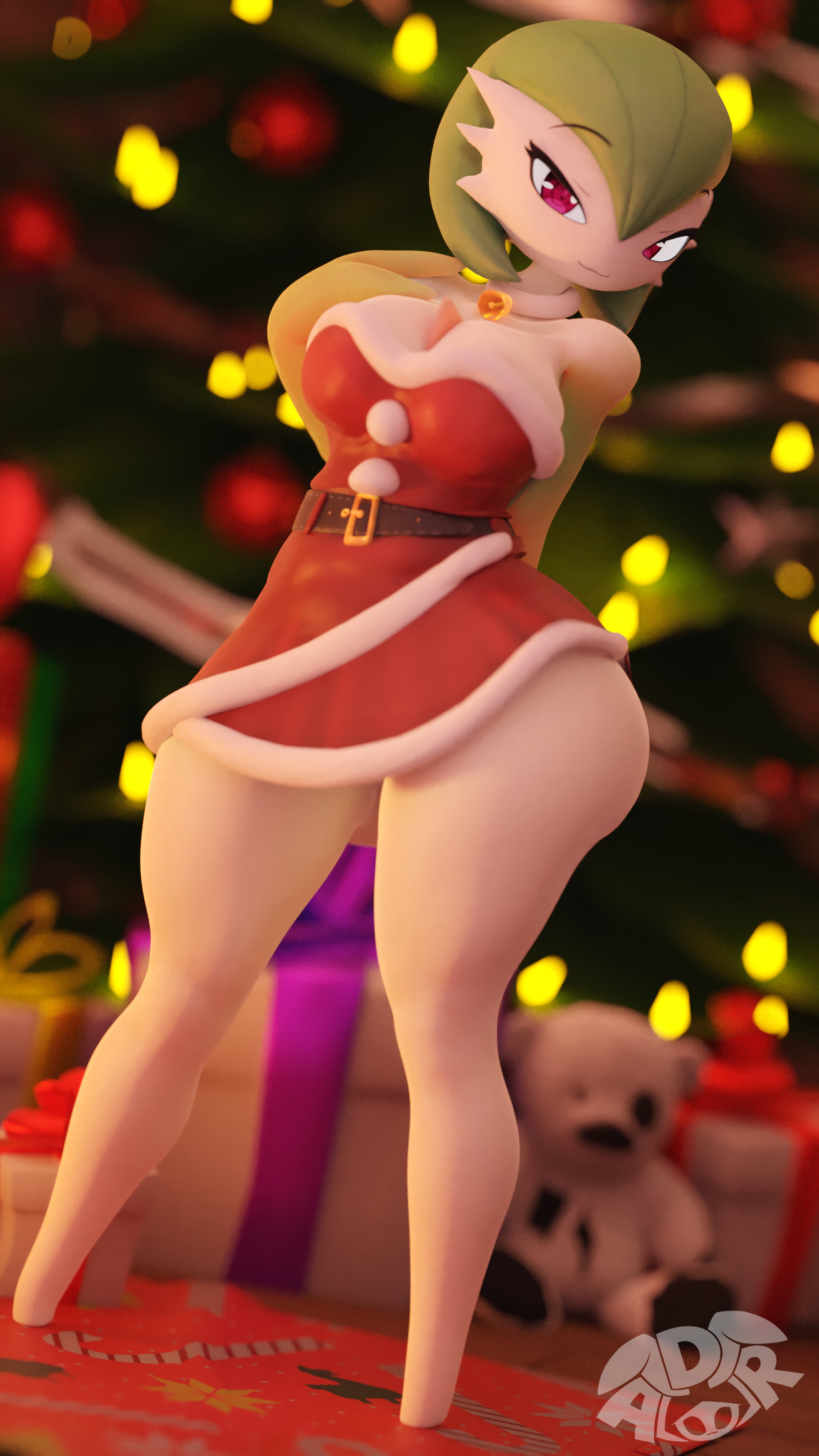 1girls, 2020s, 2023, 3d, 3d (artwork), adriandustred, anthro, anthrofied, ass, belt, belt buckle, big ass, big butt, big thighs, breasts, christmas, christmas clothing, christmas outfit, christmas tree, collar, female, female focus, female only, gardevoir, generation 3 pokemon, green hair, hi res, highres, hips, humanoid, large breasts, looking at viewer, nintendo, pokémon (species), pokemon, pokemon (species), red eyes, skirt, solo, solo female, solo focus, thick thighs, thighs, white body, white skin, wide hips