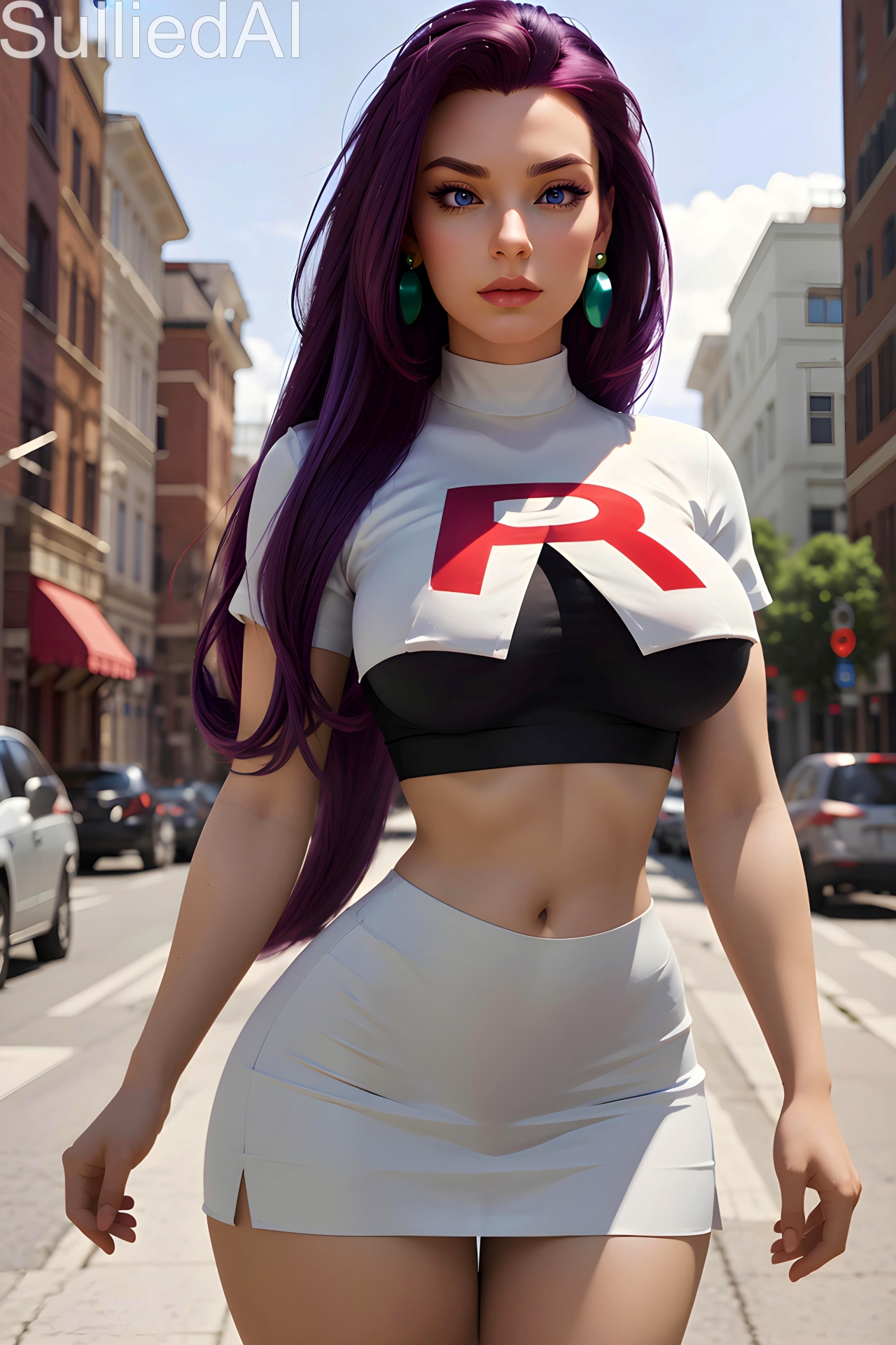 ai generated, big breasts, blue eyes, breasts, city, clothed, clothing, crop top, curvy female, curvy figure, earrings, female, hair down, hourglass figure, jessie (pokemon), large breasts, long hair, midriff, navel, nintendo, outdoors, outside, pokemon, purple hair, short skirt, skirt, solo, street, sulliedai, team rocket, thick thighs, thighs, uniform, white skirt, wide hips