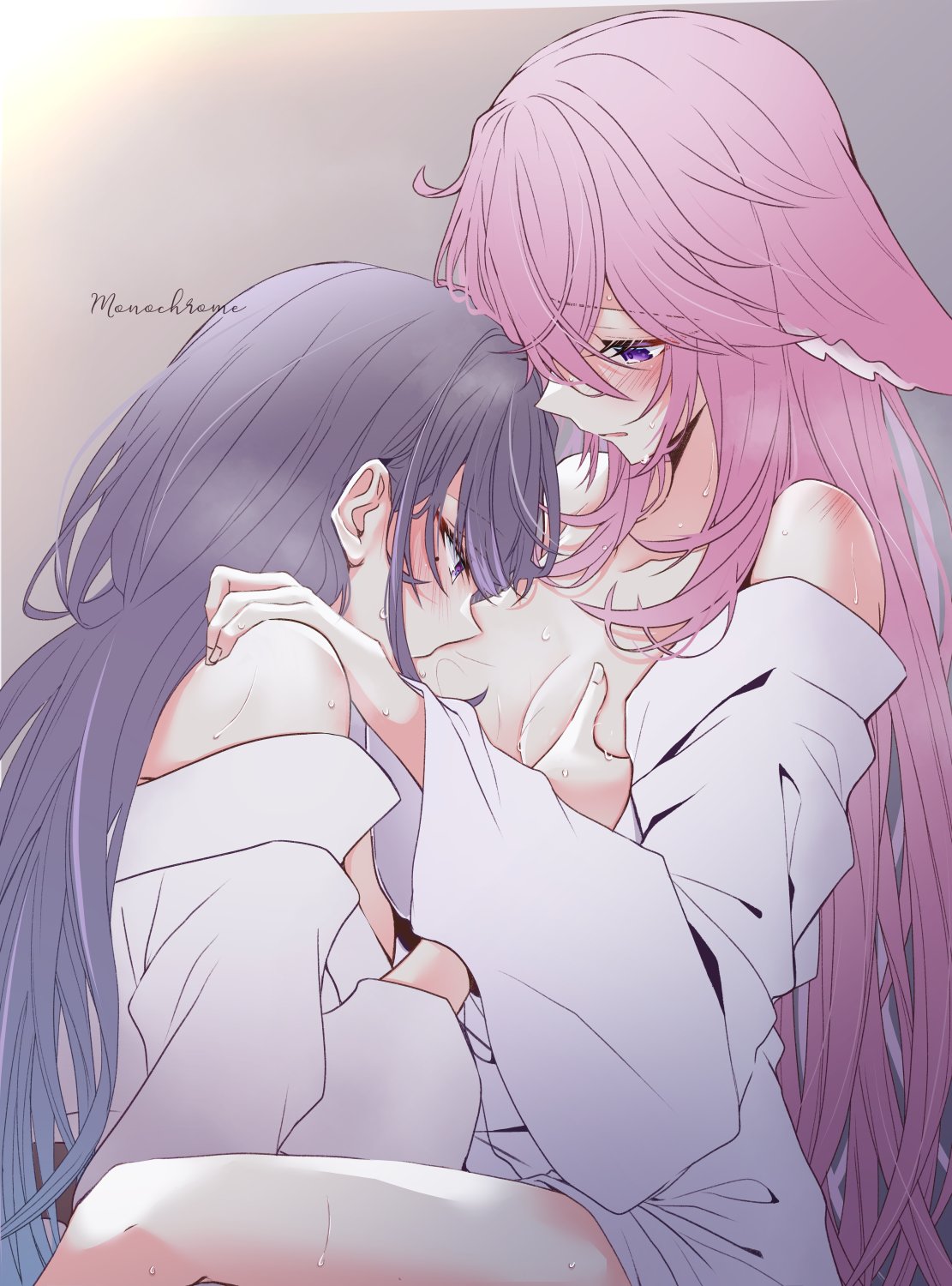 2girls, blush, breast grab, breasts, clothes falling off, exposed breasts, female, female focus, female only, fondling, fondling breast, fox, fox ears, fox girl, genshin impact, groping, groping breasts, hand on shoulder, intimate, lesbian, lesbian sex, lesbians, long hair, looking down at partner, mole under eye, monochrome (artist), multiple females, multiple girls, partially clothed, passionate, pink hair, pleasure face, purple hair, raiden shogun, romantic, romantic sex, sitting on lap, sitting on person, sucking, sucking nipples, sweat, white robe, wholesome, yae miko, yuri