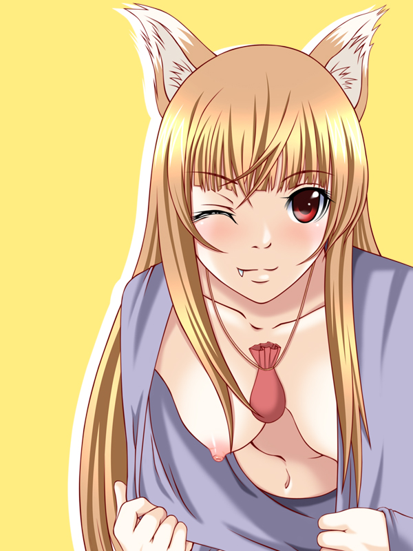 00s 1girls animal_ears blush breasts brown_hair chiro_(tachibana) clothes_pull clothing downblouse female flashing hanging_breasts holo looking_at_viewer medium_breasts nipple_slip nipples oerba_yun_fang one_eye_closed red_eyes shirt_pull simple_background solo spice_and_wolf upper_body wink wolf_ears yellow_background