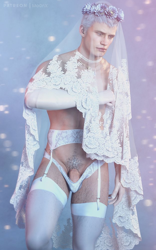 3d 3d_(artwork) 3d_model ambush_(trap) bridal_gloves bridal_lingerie bride bride_veil capcom crossdressing devil_may_cry devil_may_cry_5 flaccid flaccid_cock flaccid_penis flower_crown gay hairy hairy_male lad male_only mo0nx muscular_femboy nero_(devil_may_cry) pubic_hair twunk white_hair white_hair_male yaoi