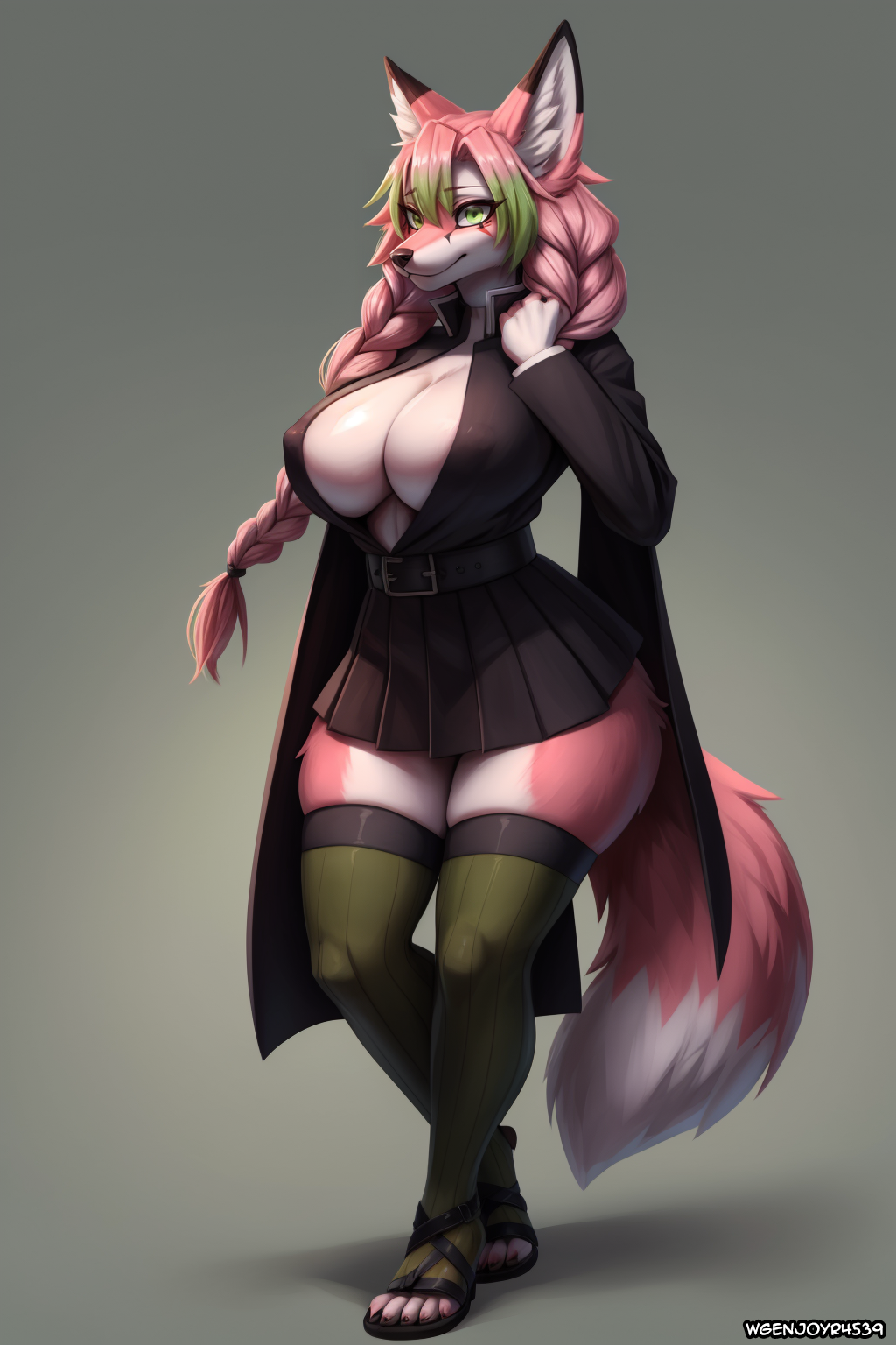 1girls ai_generated alternate_species anthro anthrofied beltskirt big_breasts braids cleavage demon_slayer female female_only fox fox_ears fox_girl fox_humanoid fox_tail foxgirl fur furry green_eyes green_hair kanroji_mitsuri kimetsu_no_yaiba large_breasts long_hair multicolored_hair no_bra pink_fur pink_hair pleated_skirt skirt snout solo stable_diffusion thighhighs thighs twin_braids two_tone_hair uniform wgenjoyr4539 white_fur