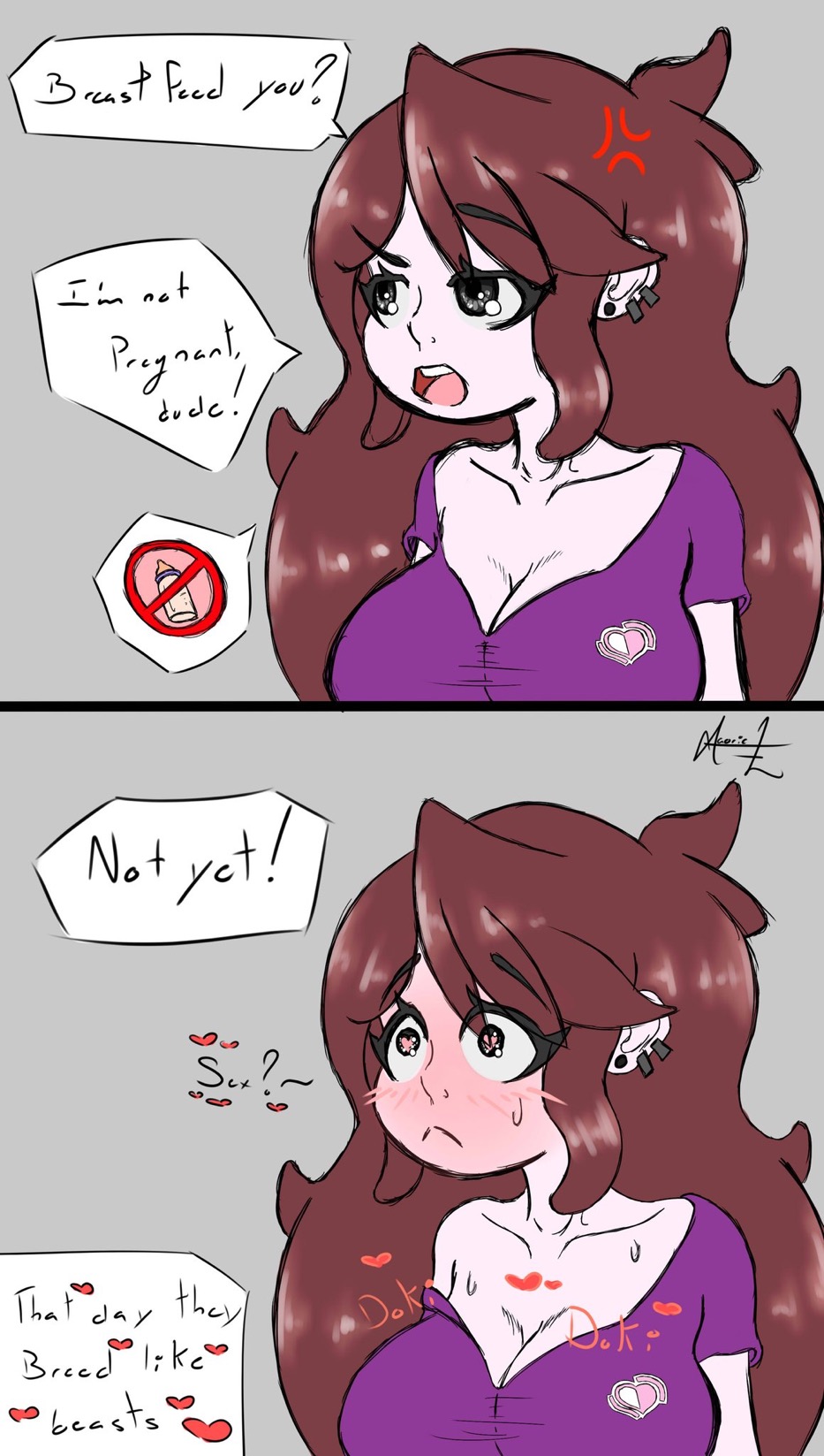 annoyed annoyed_expression blush brown_hair dialogue heart heart-shaped_pupils heartbeat imminent_impregnation imminent_sex jaiden jaiden_animations jaidenanimations maoricl tagme text youtube