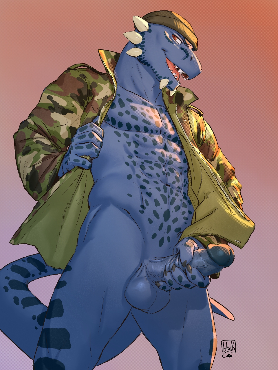 abs anthro argonian bethesda_softworks bottomless bottomless_male camo camo_clothing camo_print camo_topwear clothed clothing erection genitals hi_res humanoid_genitalia humanoid_penis jacket lion21 looking_at_viewer low-angle_view male male_only masturbation open_clothing open_jacket open_mouth open_topwear pattern_clothing pattern_topwear penis scalie simple_background slim solo the_elder_scrolls topwear tristen vein veiny_penis