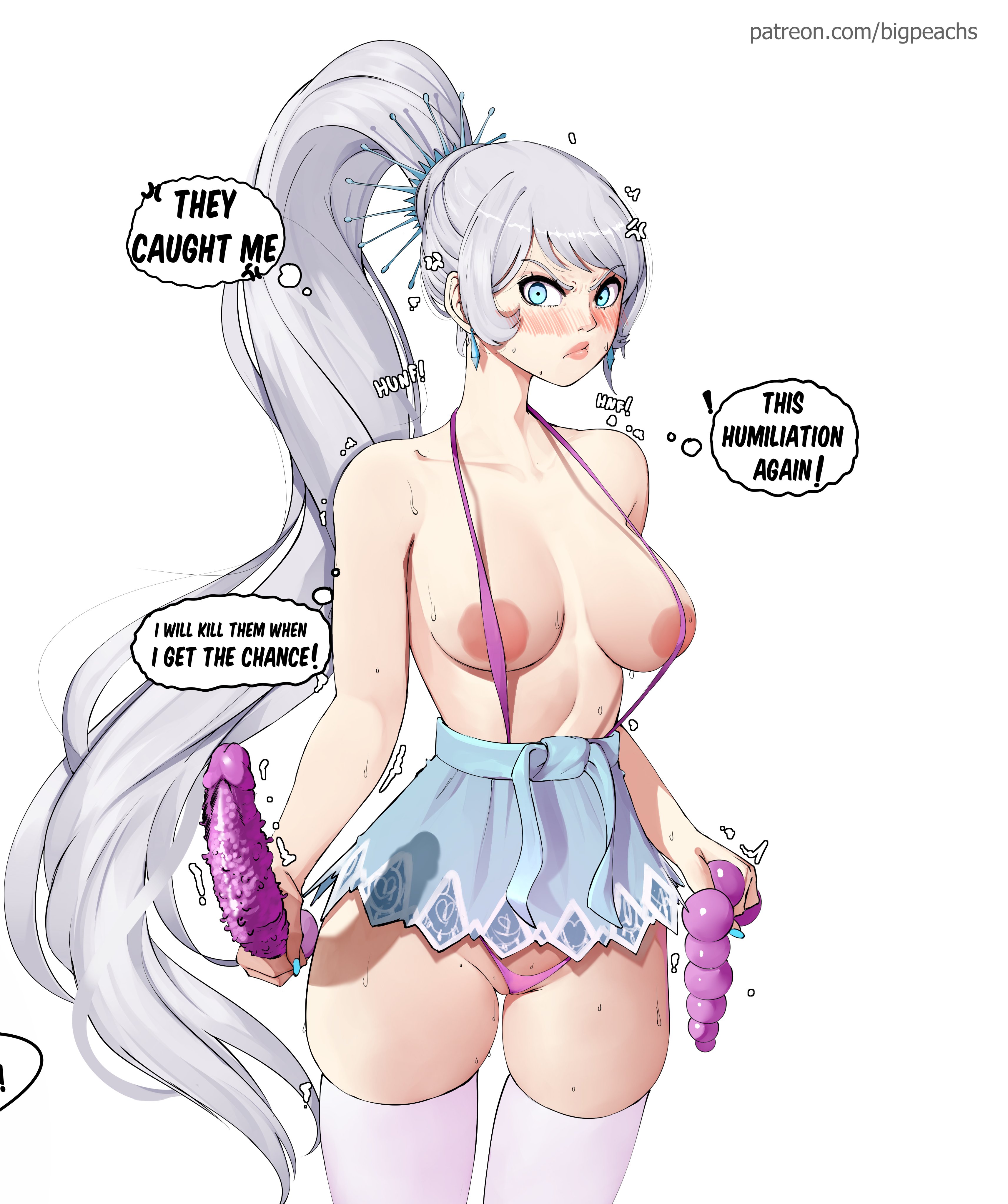 1girls, angry, angry expression, angry face, areolae, big areola, big breasts, big nipples, bigpeachs, blue eyes, blush, breasts, caught, dildo, embarrassed, female, functionally nude female, hair ornament, humiliation, light skin, light-skinned female, lipstick, long fingernails, long hair, looking at viewer, medium breasts, pale skin, pale-skinned female, panties, partially clothed, pink panties, ponytail, puririn (puririiin), rwby, skindentation, skirt, small waist, socks, sweat, text, thick thighs, thigh socks, thighhighs, topless, topless female, weiss schnee, white hair, white socks