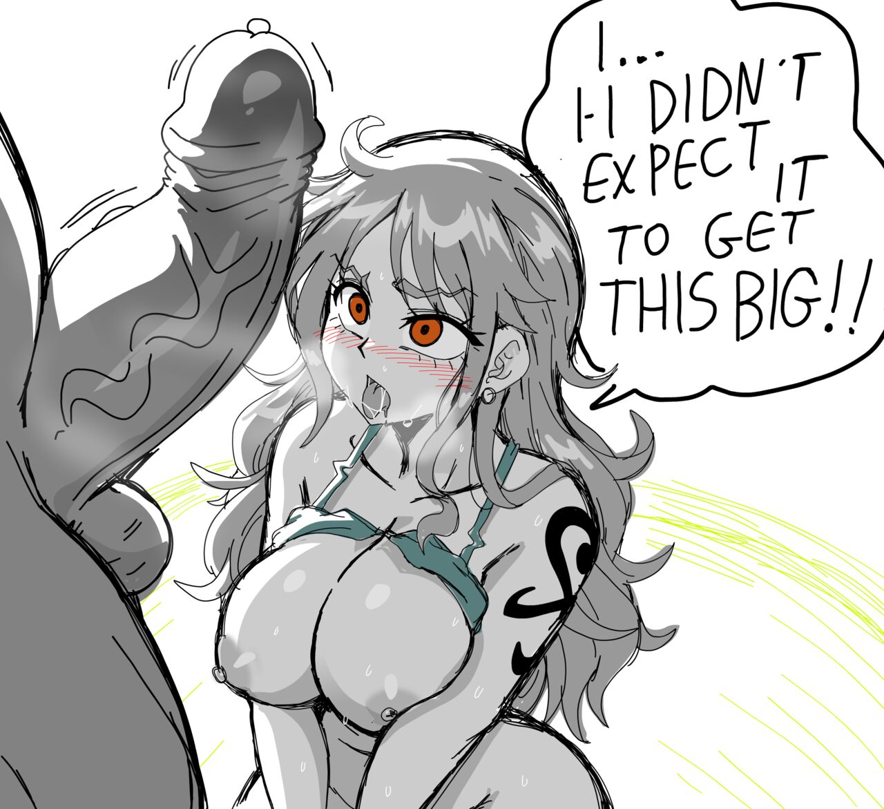 1boy, 1girls, balls, big breasts, big penis, black and white, black tattoo, blush, breasts, dark penis, dark-skinned male, english text, female, hi res, imminent fellatio, jewelry, large breasts, lewdamone, licking, looking at penis, looking pleasured, male, male/female, monochrome, nami (one piece), nipples, nude, nude female, nude male, one piece, open mouth, orange eyes, penis, penis awe, penis bigger than expected, penis size talk, post-timeskip, precum, size talk, surprised, surprised face, tattoo, tattoo on arm, tattooed arm, text, text bubble, tongue, tongue out, uncensored, veins, veiny penis