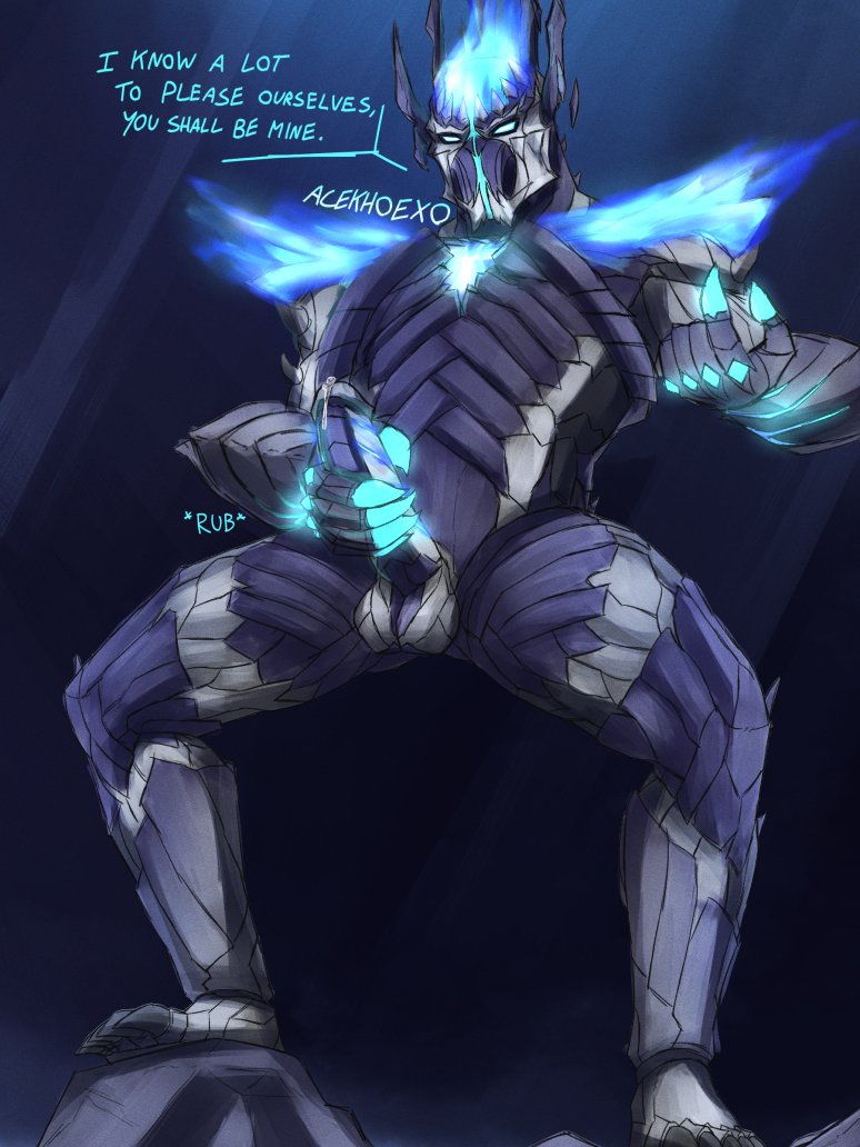 5_fingers acekhoexo armor balls big_penis blue_balls blue_markings blue_penis bodily_fluids clawed_fingers claws digital_media_(artwork) erection faceless_male flame_hair fortnite genital_fluids glans glowing_eyes glowing_penis grey_body grey_penis highres humanoid looking_at_viewer male masked masked_men mineral_creature mineral_fauna muscular muscular_male nude nude_male pecs penis precum precum_drip ribbed_penis signature sitting solo_male spire_immortal stone stone_body white_balls white_glans