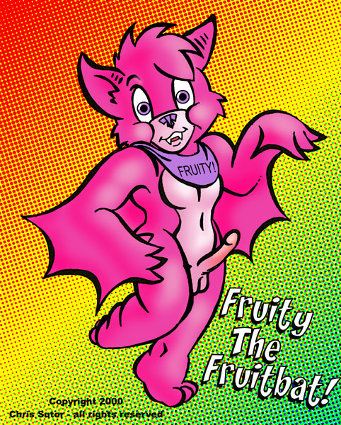 1boy 2000 anthro bat chris_sutor fangs flamboyant furry genitals leg_up limp_wrist male male_focus male_only neckerchief penis pink_body pink_fur pointy_ears purple_eyes purple_nose sharp_teeth solo solo_male testicles wings