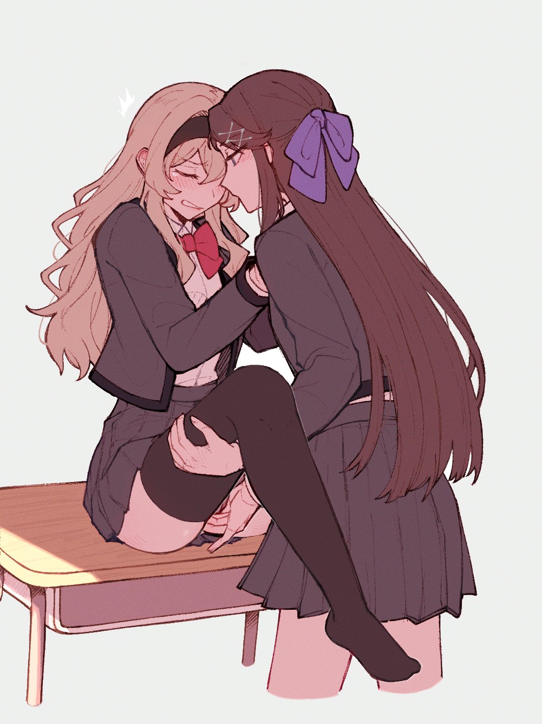 2girls ^^^ black_hairband black_thighhighs blonde_hair blush bow bowtie brown_hair canon_couple clenched_teeth closed_eyes closed_mouth collared_shirt commentary cowboy_shot cropped_legs desk face-to-face female fingering fingering_through_clothes fingering_through_panties grey_background grey_jacket grey_skirt hair_between_eyes hair_ornament hairband hairbow half_updo hand_on_another's_thigh hands_up highres jacket leg_up long_hair long_sleeves looking_at_another miniskirt multiple_girls no_shoes on_desk open_clothes open_jacket parted_lips pleated_skirt profile purple_bow purple_eyes red_bow red_bowtie rickonrk saijou_claudine school_desk school_uniform seishou_music_academy_uniform shirt shirt_tucked_in shoujo_kageki_revue_starlight sidelocks simple_background sitting sitting_on_desk skirt standing symbol-only_commentary tearing_up teeth tendou_maya thighhighs through_clothes very_long_hair wavy_hair white_shirt x_hair_ornament yuri