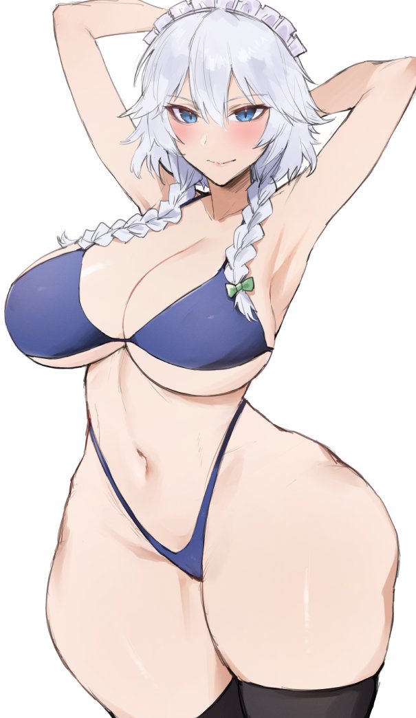 1girls, blue eyes, breasts, female, female only, kataku musou, large breasts, looking at viewer, sakuya izayoi, solo, thighhighs, thighs, touhou, white background, white hair, wide hips