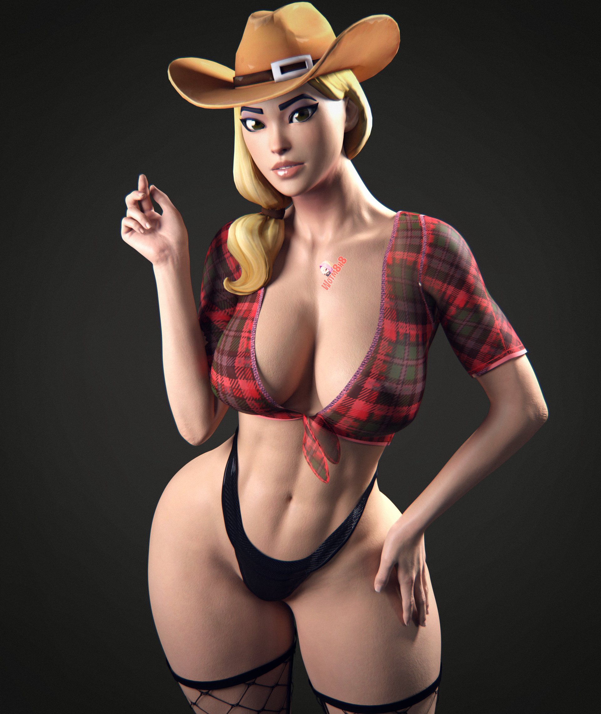 1girls, 3d, 3d (artwork), blonde female, blonde hair, cowboy hat, female, fortnite, plaid shirt, rustler, tied shirt, wotm8h8