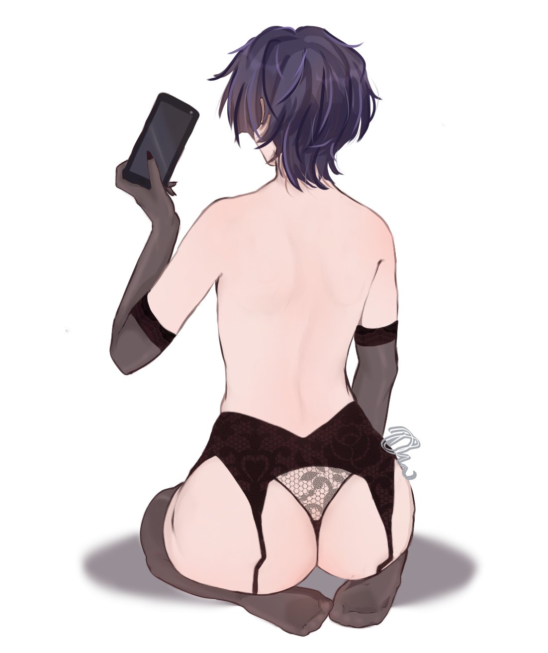 1boy, bisexualcaelus, black lingerie, genshin impact, lingerie, lingerie panties, male, male only, scaramouche (genshin impact), solo