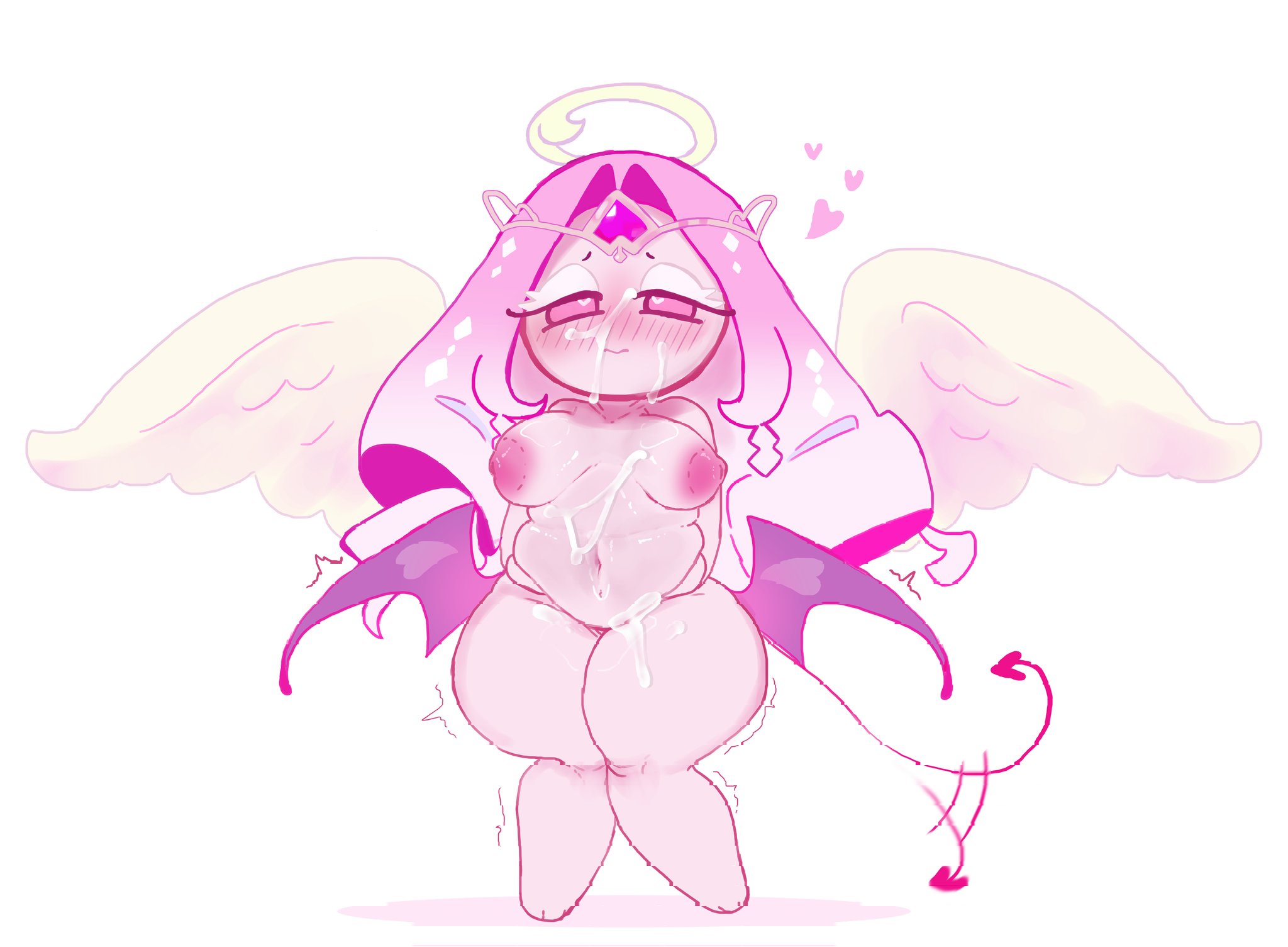 adorable, chubby belly, chubby female, cookie run, cookie run kingdom, cum, cum on body, cute, cute face, eternal sugar cookie, female, female focus, holding own belly, magpieredd, oiled skin, shaking, squishing belly, tail, thick thighs, wagging tail, wings