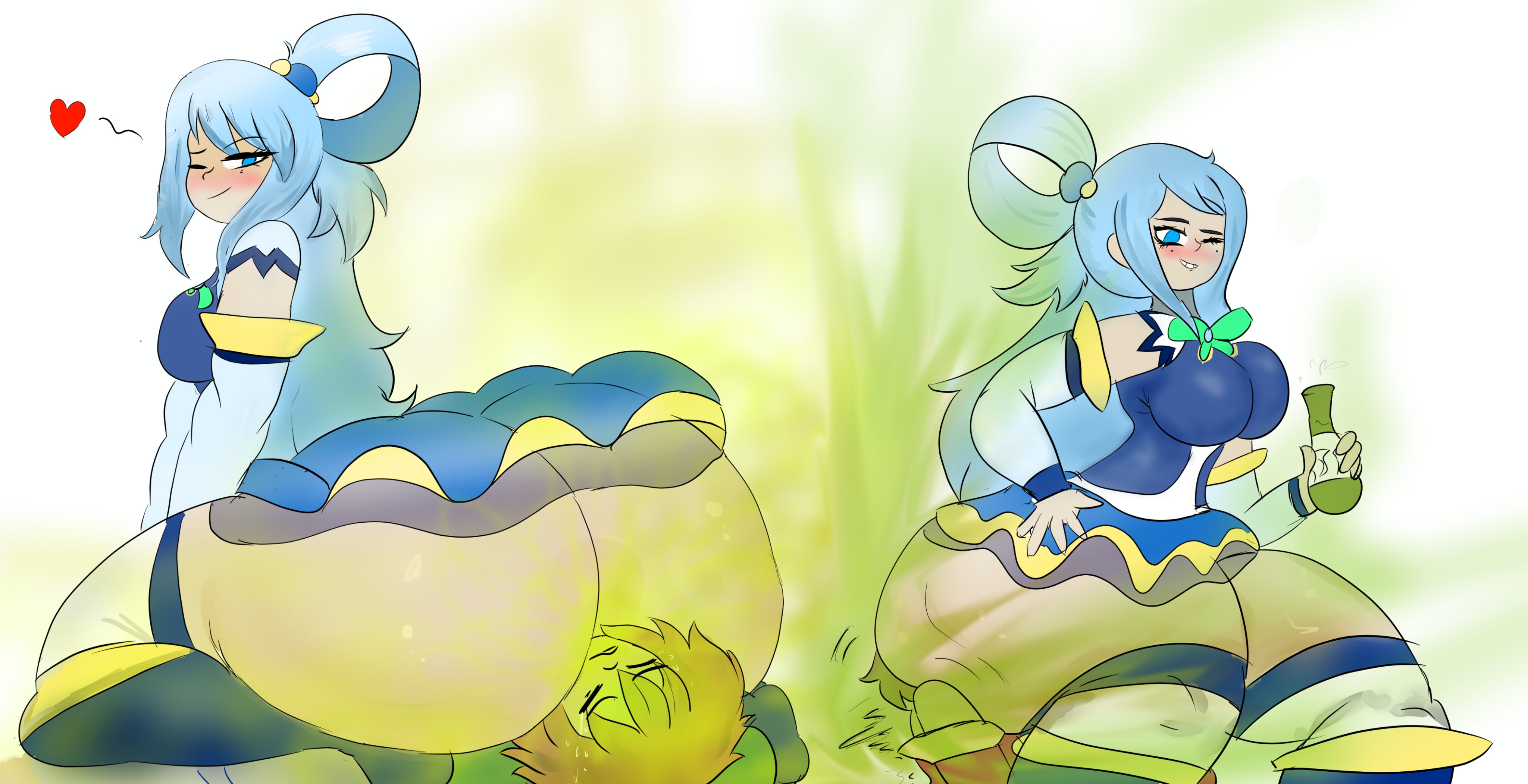 1boy, 2girls, aqua (konosuba), ass, ass on face, big ass, big butt, blue eyes, blue hair, blush, facesitting, fart, fart cloud, fart fetish, farting, farting in face, female, heart, kono subarashii sekai ni shukufuku wo!, legwear, looking back, male, megumin, melissaalli, one eye closed, satou kazuma, skirt, smile, thick thighs, thigh boots