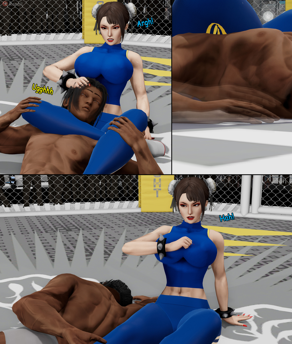 1boy 1girls brown_eyes brown_hair choking choking_out choking_with_legs chun-li clothed clothed_female defeat defeated_male female femdom fight fighter fighting fighting_ring hair_bun hair_buns male malesub ronail strangling street_fighter