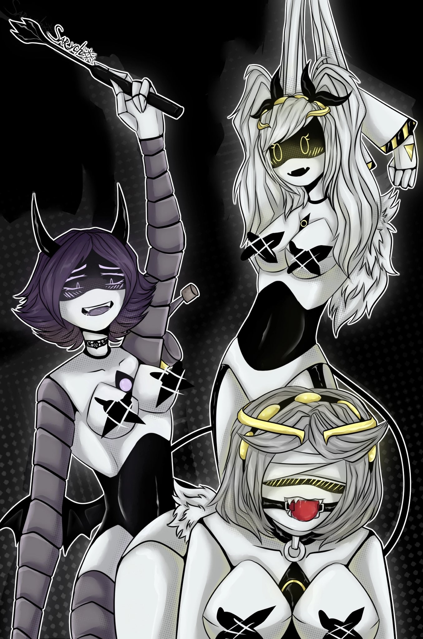artist request, ass, bdsm gear, big ass, big breasts, blindfold, blush, bondage, breasts, covered nipples, drone, female, female only, gag, glitch productions, grey hair, j (murder drones), looking at partner, murder drones, purple eyes, purple hair, robot, robot girl, short hair, small breasts, tagme, tail, thick hips, thick thighs, thighs, uzi (murder drones), v (murder drones), yellow eyes, yuri