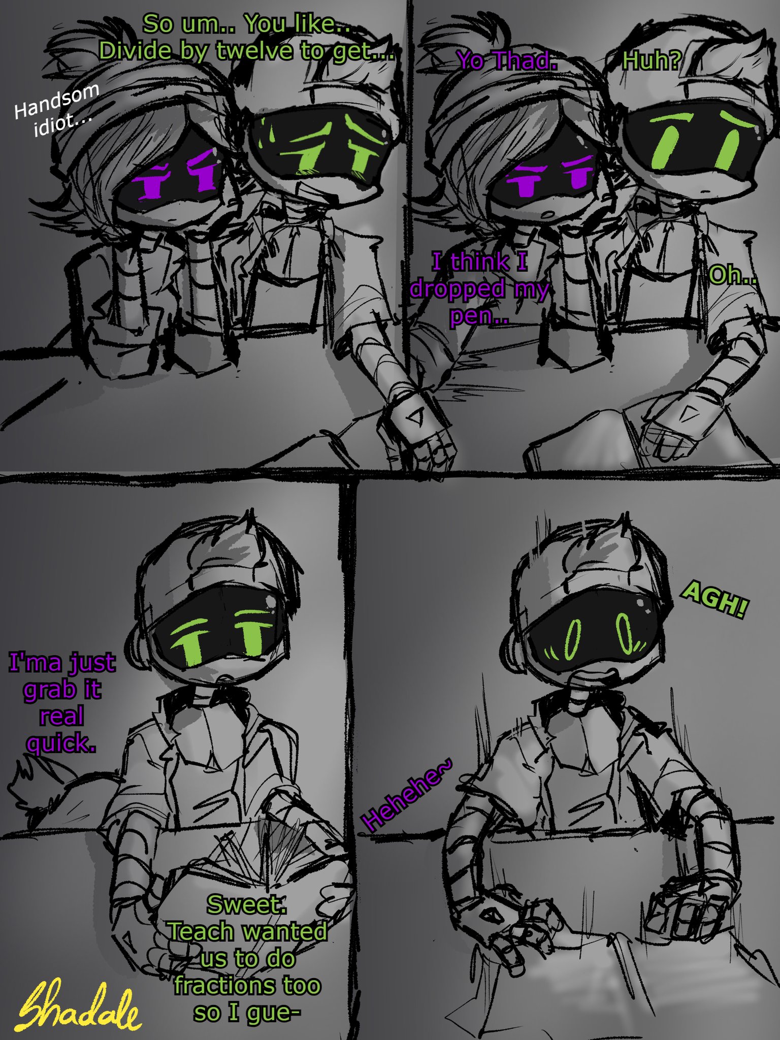 1boy, 1girls, 2d, angry, blush, book, comic, duo, english text, female, glitch productions, green eyes, hat, humanoid, male, monochrome, murder drones, purple eyes, questionable consent, robot, robot boy, robot girl, robot humanoid, screen face, shadale, short hair, signature, tagme, text, thad (murder drones), thuzi, under the table, uzi (murder drones), white body, worker drone