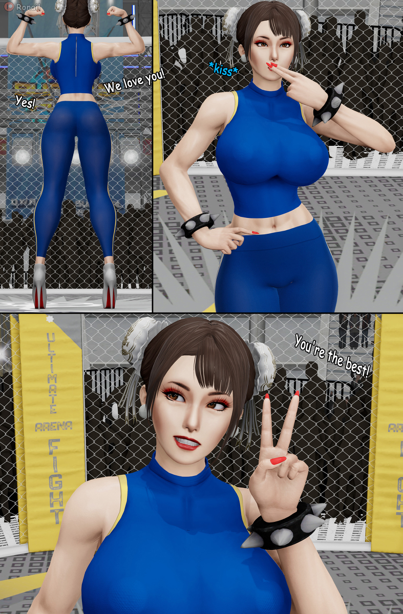 brown_eyes brown_hair cheering chun-li clothed clothed_female fighter fighting_ring hair_bun hair_buns peace_sign praise ronail street_fighter v