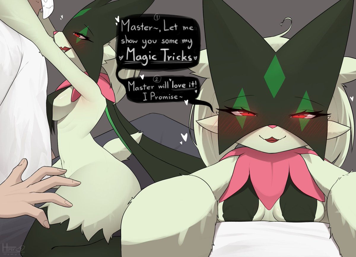 anon anonymous_character blush breasts dialogue flirting fluffy_tail homuro homurosk hugging masked_male meowscarada nintendo no_sex paws pokémon_(species) pokemon pokemon_sv red_eyes short_tail wide_hips