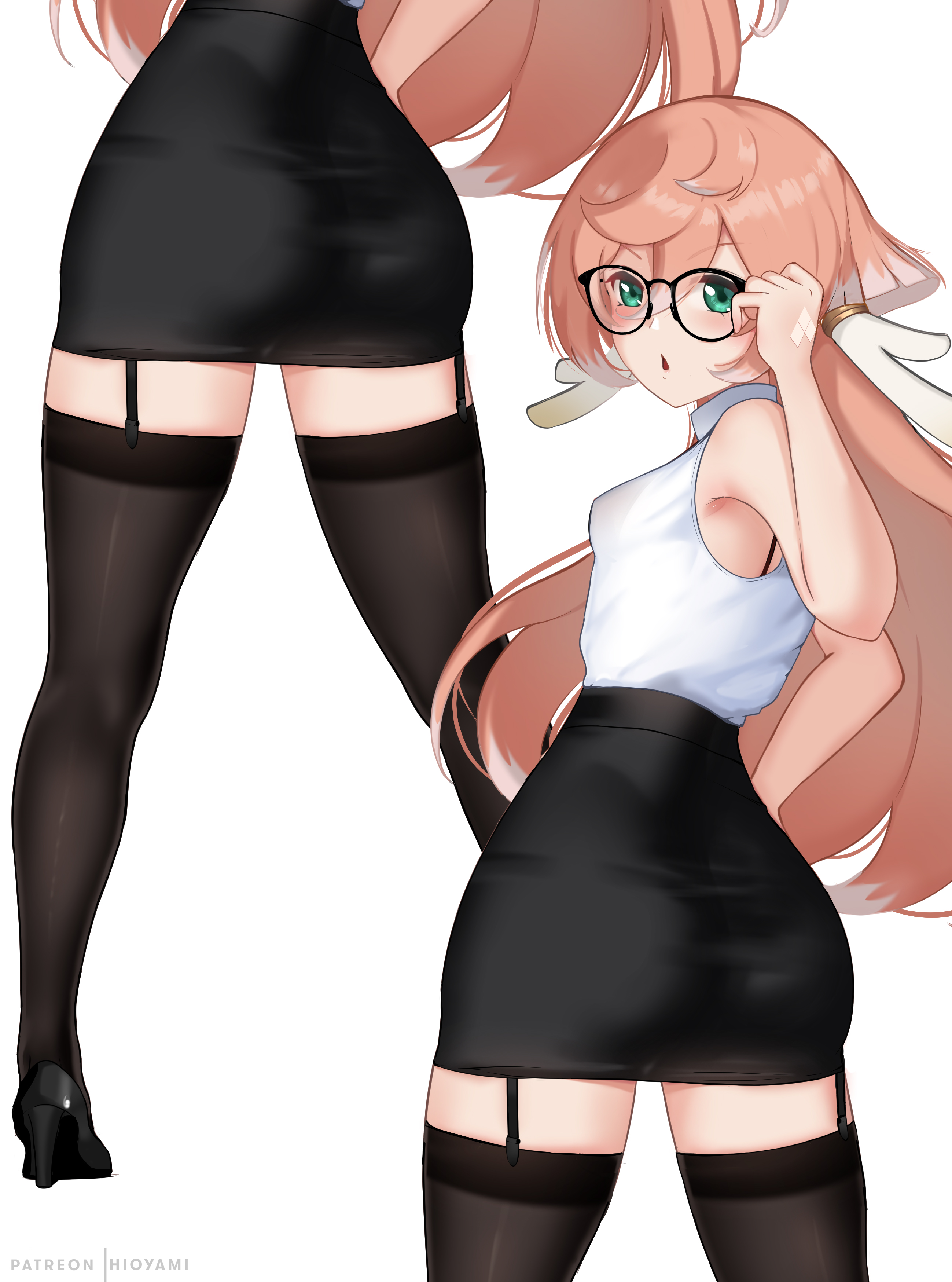 1girls, ass, ass focus, back view, big ass, black glasses, black legwear, bottomwear, breasts, eyewear, female, female only, garter straps, genshin impact, glasses, green eyes, hand on hip, high heels, hioyami, leggings, legwear, long hair, looking at viewer, looking back, open mouth, pencil skirt, pink hair, simple background, small breasts, solo, solo female, thick thighs, thighs, topwear, white background, yanfei (genshin impact)