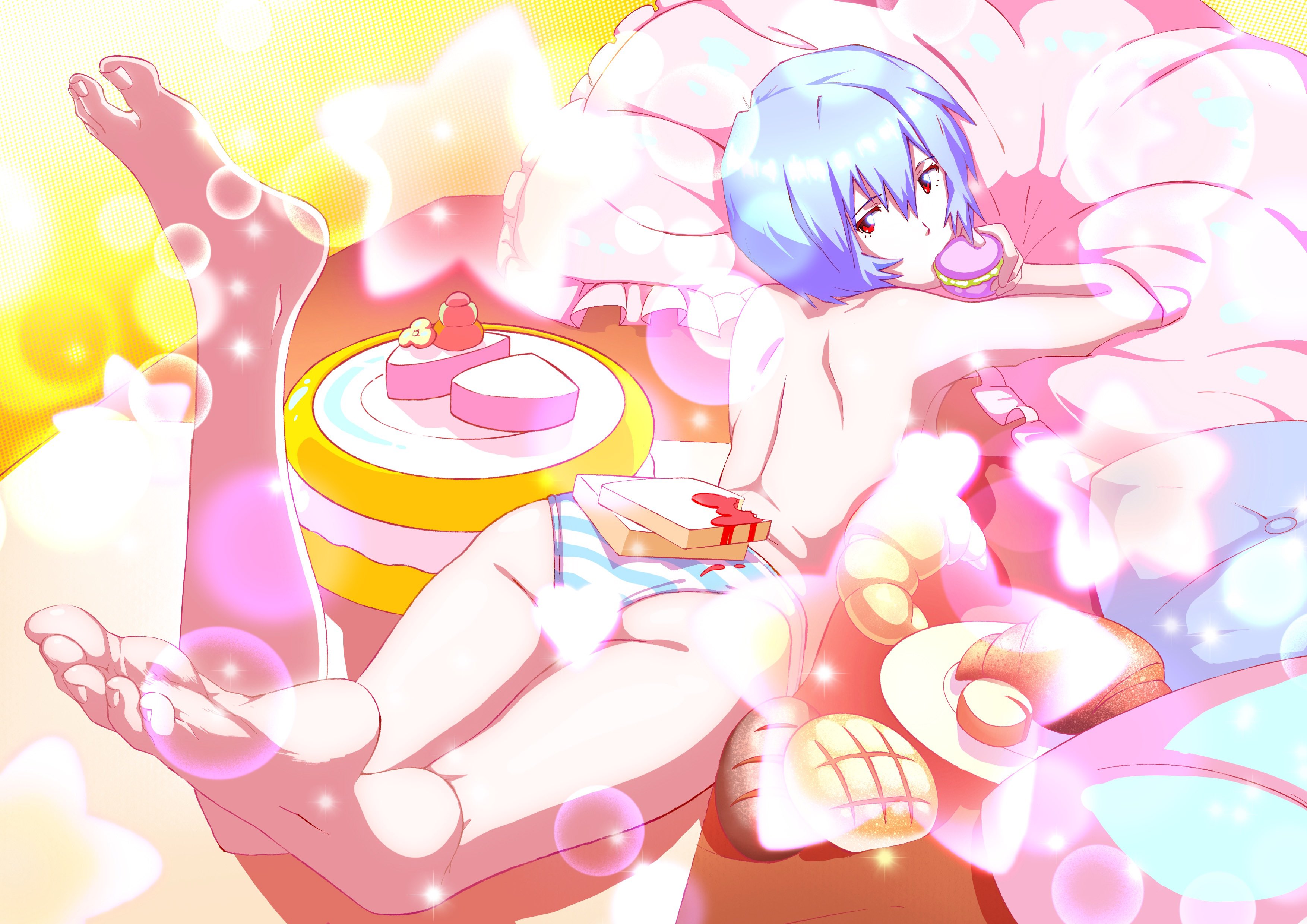 ass, bare back, bare legs, bare thighs, barefoot, blue hair, cake, eating, feet, feet up, female, legs up, looking at viewer, looking back, lying down, lying on bed, lying on stomach, monyker, mraartworks, neon genesis evangelion, panties, panties only, rei ayanami, slim waist, teenager