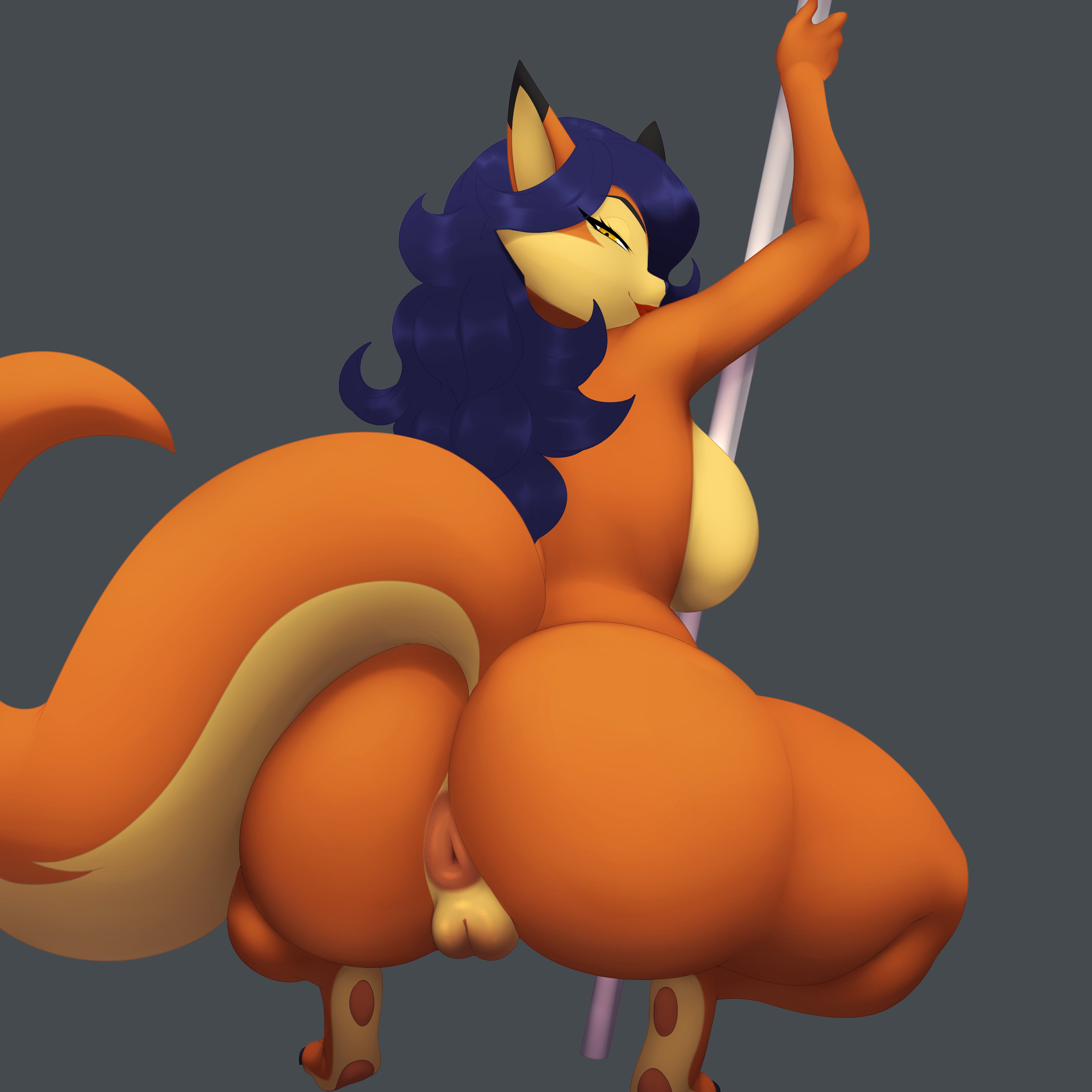 1girls, anthro, anus, barefoot, blue hair, breasts, carmelita fox, completely nude, female, female only, full body, furry, long hair, looking at viewer, looking back, naked, naked female, nude, nude female, pole, pussy, sideboob, sly cooper (series), smile, snaart, solo, solo female, squatting, tail