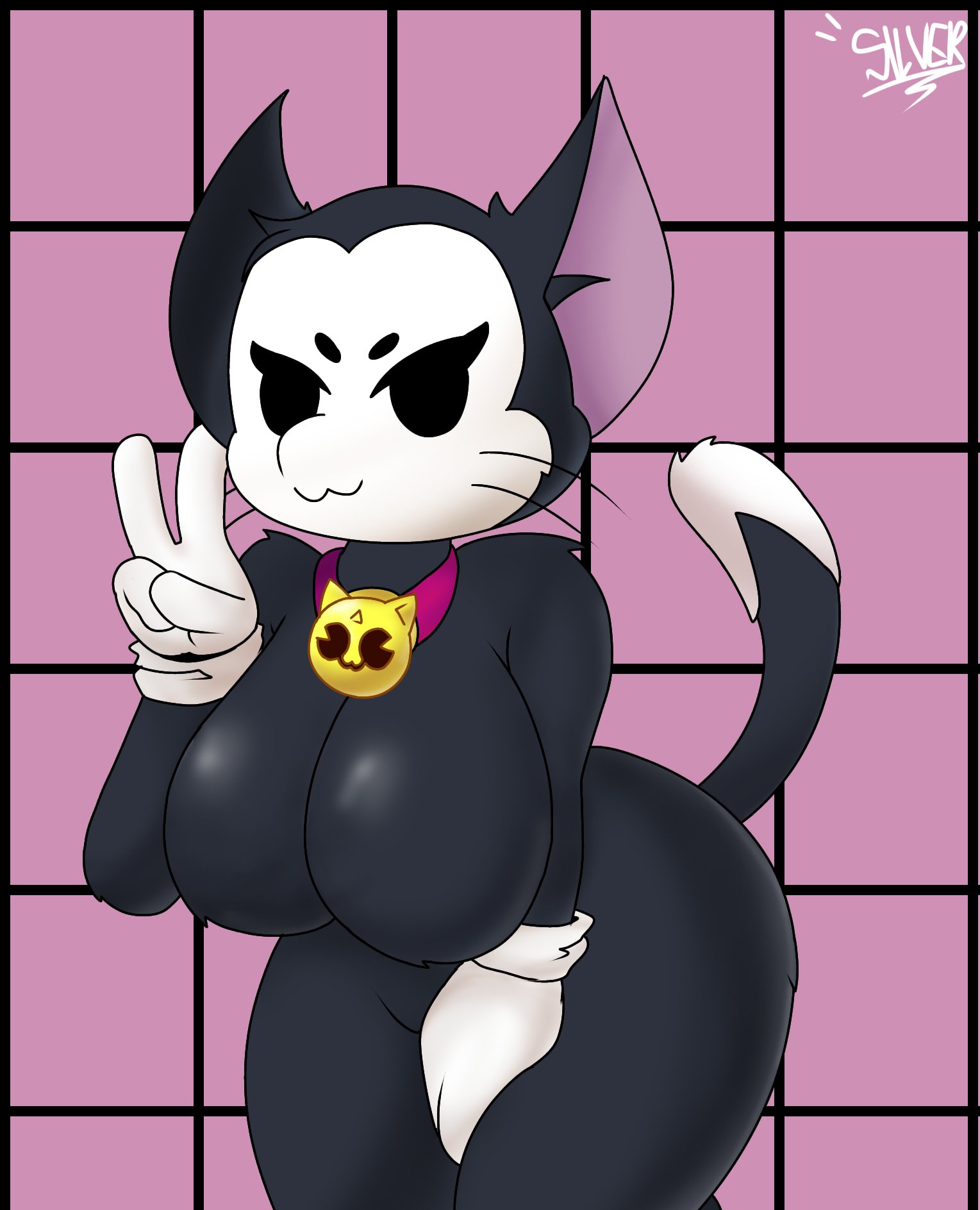 1girls, big breasts, black fur, brawl stars, breasts, chesterm, curvaceous figure, feline, feline humanoid, female, kit (brawl stars), peace sign, rule 63, supercell, thick thighs