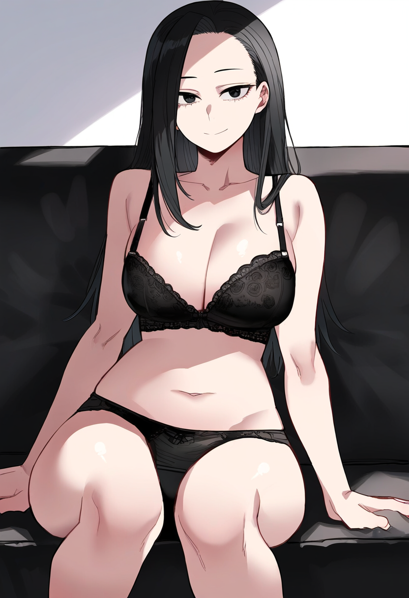 1girls, ai generated, belly button, black bra, black eyes, black hair, black lingerie, black panties, black underwear, boku no hero academia, bra, couch, female, hair down, lingerie, long hair, momo yaoyorozu, my hero academia, nai diffusion, navel, novelai, on couch, panties, parted bangs, sitting, smile, solo, solo female, solo focus, stomach, underwear