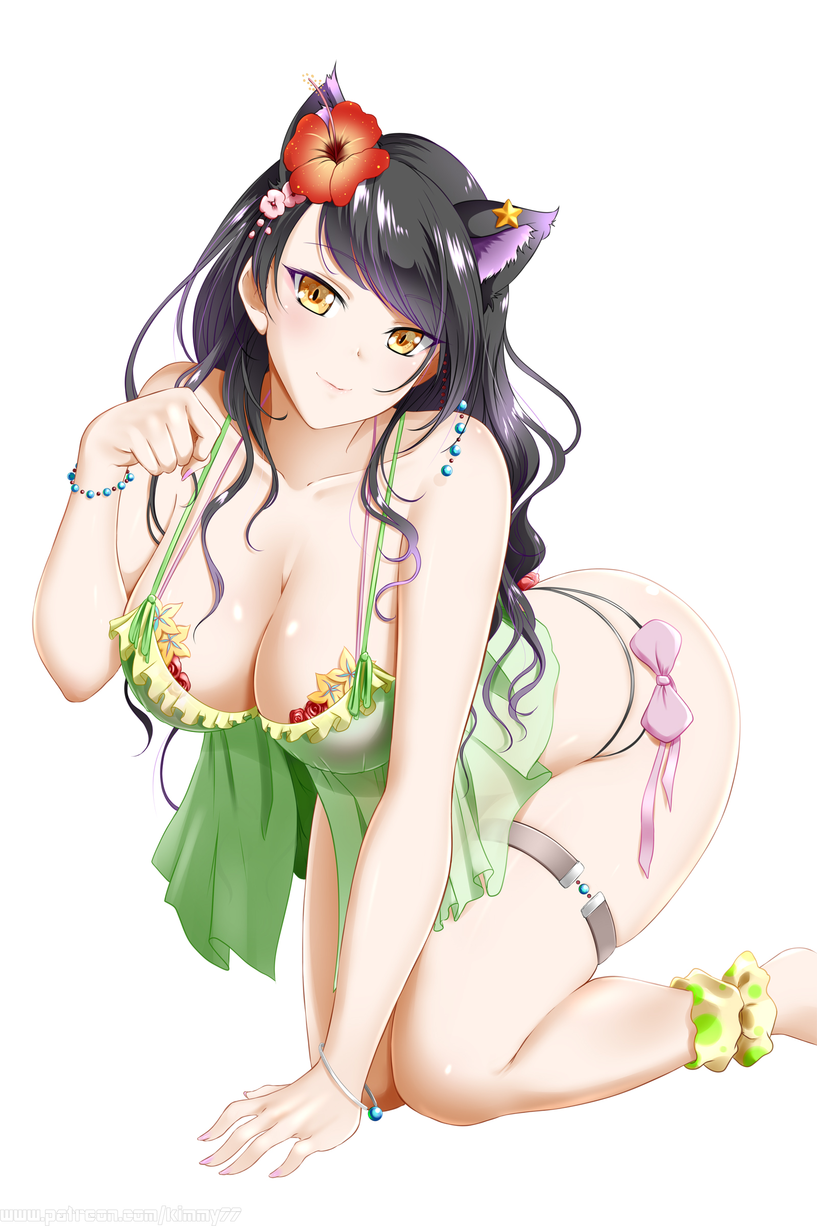 amber eyes, ass, big ass, big breasts, blake belladonna, breasts, cat ears, cat girl, catgirl, faunus, female, flower in hair, garter belt, kimmy77, looking at viewer, rwby, see-through, see-through clothing, see-through dress, smiling at viewer, string bikini, thick thighs, white background