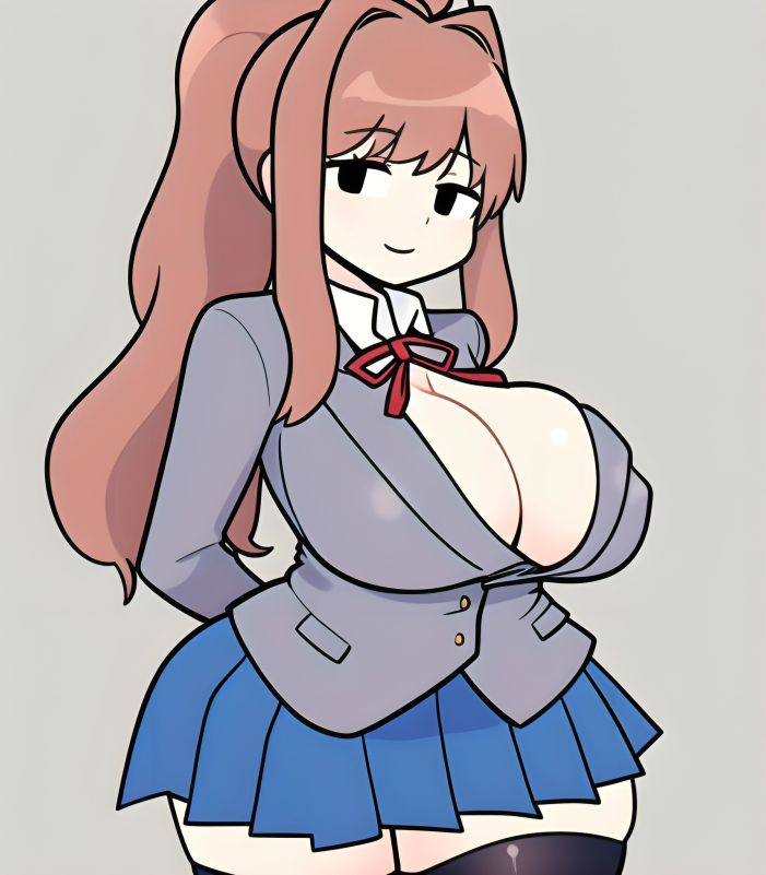 ai_generated arms_behind_back black_eyes black_thighhighs blazer blue_skirt blush blushing_at_viewer coral_brown_hair doki_doki_literature_club friday_night_funkin large_breasts monika_(doki_doki_literature_club) pixai red_ribbon ribbon simple_background skirt smile smiling thick_thighs thighhighs unbuttoned_shirt