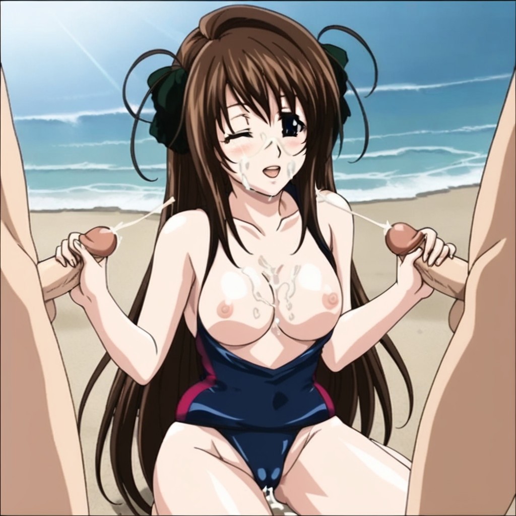 1girls 2boys ai_generated beach breasts breasts_exposed breasts_out cum cum_on_breasts cum_on_face double_handjob ejaculation happy mikura_(stringendo) ocean one-piece_swimsuit one_eye_closed penis stringendo_&_accelerando_&_stretta stringendo_angel_tachi_no_private_lesson tagme