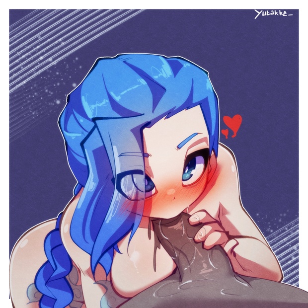 1boy, 1girls, 2d, 2d (artwork), artist name, artist signature, blue hair, blush, blushing, female, jinx (league of legends), league of legends, light skin, light-skinned female, male, male penetrating, male penetrating female, pale skin, pale-skinned female, penis, tagme, white border, yutakke
