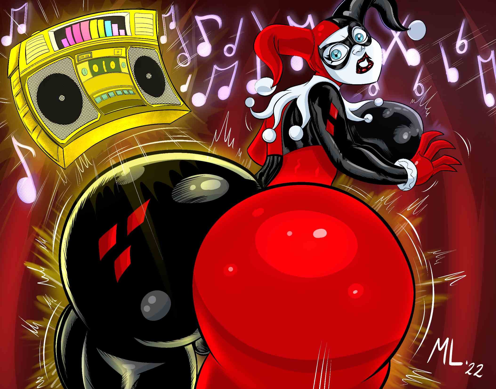 1girls, ameizing lewds, ass, ass expansion, batman (series), big ass, big breasts, body control, breasts, dc, dc comics, female, female only, gold boombox (prevence), harley quinn, harley quinn (classic), huge ass, looking back, music note, rear view, thick thighs, twerk hypnosis