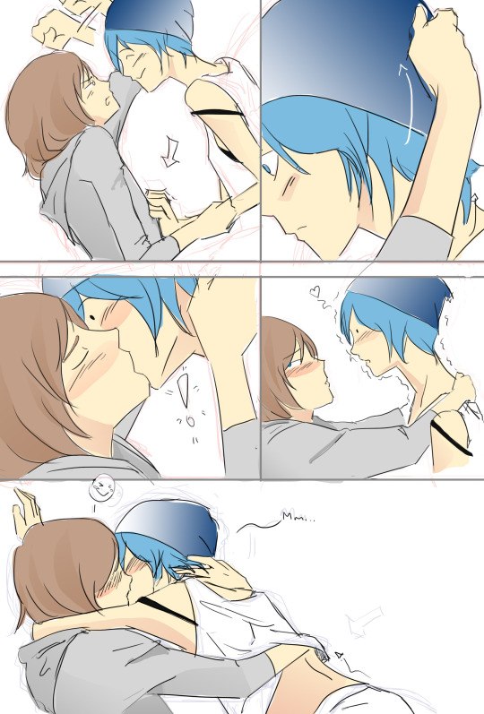 2girls, beanie, blue hair, blush, brown hair, chloe price, comic page, cute, female, female only, heart, imminent sex, kissing, lesbian, life is strange, light skin, light-skinned female, max caulfield, motion lines, pricefield, sketch, surprised, undressing, white background, wholesome, yuri