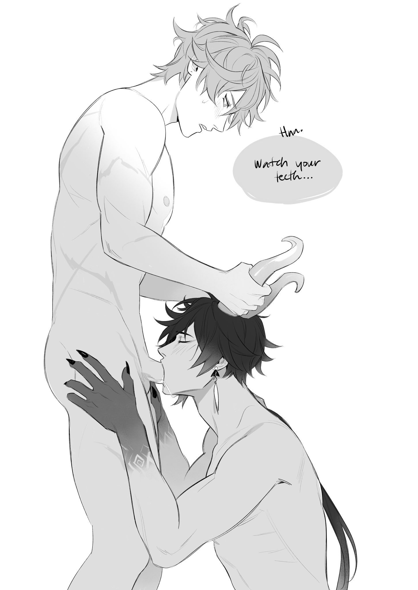 2boys, balls, bangs, black and white, blowjob, blush, childe (genshin impact), claws, closed eyes, dark hair, dragon horns, ear piercing, english text, erection, fellatio, gay, genshin impact, grabbing horns, gradient hair, hand on hip, horns, light hair, long hair, looking at partner, male, male only, male/male, muscular, muscular male, nipples, nude, nude male, open eyes, open mouth, oral, oral sex, penis, precum, scar, short hair, simple background, skin pattern, speech bubble, spicy takie, sweatdrop, takie, tartaglia (genshin impact), twink, white background, yaoi, zhongli (genshin impact)