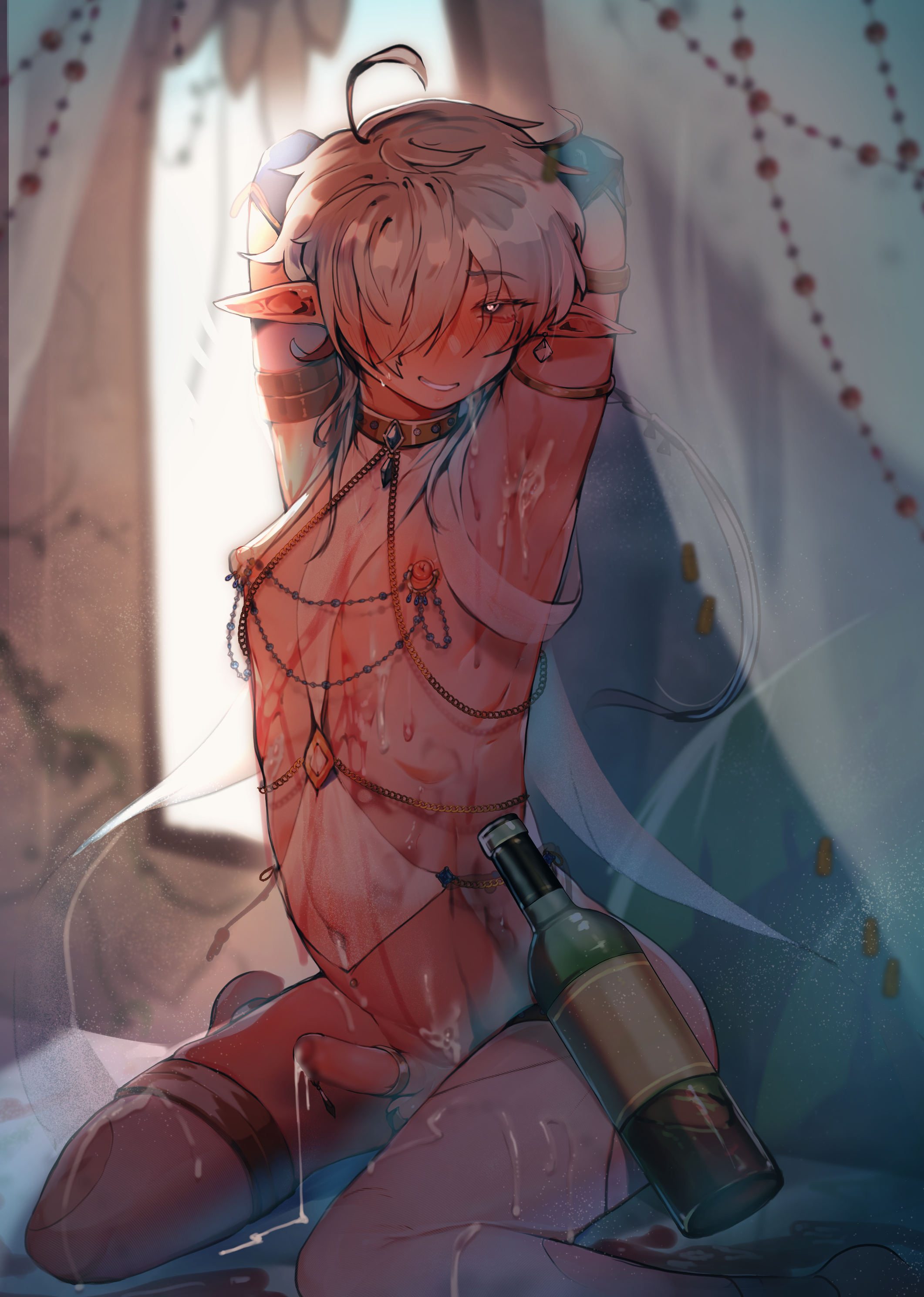 1boy, absurdres, ahoge, alcohol, alphinaud leveilleur, armpits, arms behind head, arms up, blur censor, blurry, blurry background, blurry foreground, bottle, bulge, byebyefrog, censored, cock ring, commentary request, cum, cum on boy, cum on chest, cum on clothes, cum on legs, cum on stomach, cumdrip, depth of field, ejaculation, elbow gloves, erection, erection under clothes, eyebrows visible through hair, facial, feet out of frame, femboy, final fantasy, final fantasy xiv, girly, gloves, grey hair, hair over one eye, handsfree ejaculation, heart, heart-shaped pupils, highres, indoors, looking at viewer, male, male focus, male only, medium hair, naughty face, navel, nipple piercing, nipples, otoko no ko, penis, piercing, pointy ears, puffy chest, sex toy, shiny, shiny hair, shiny skin, sitting, skindentation, smile, solo, stomach, symbol-shaped pupils, teeth, thighhighs, thighs, trap, wariza, wet, window, wine, wine bottle, yaoi