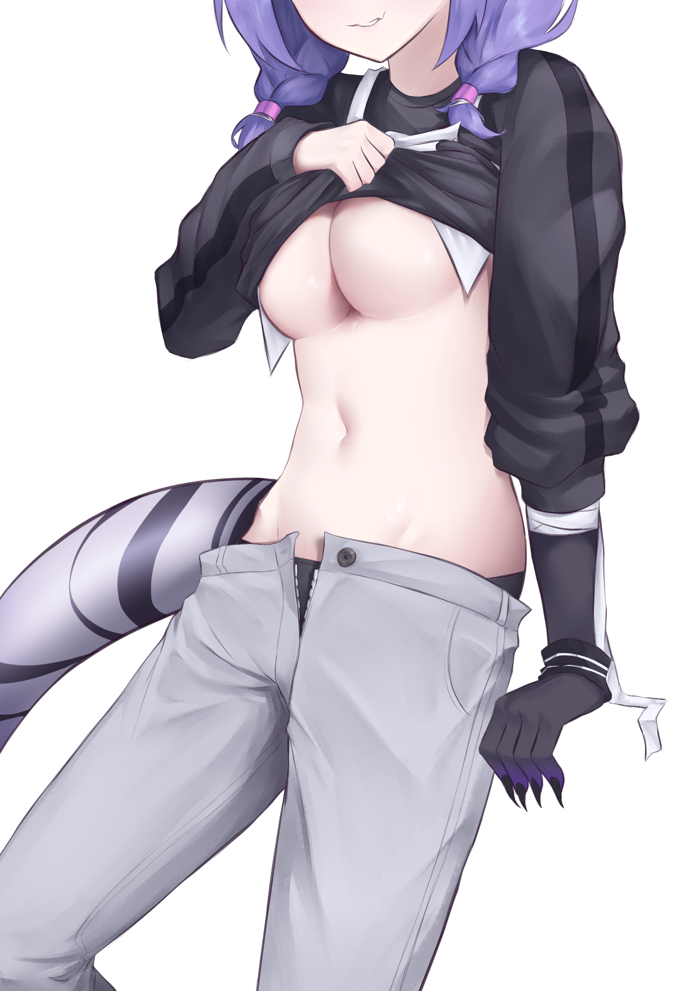 belly, breasts, dragon girl, eg bread, female, large breasts, lifting shirt, nijisanji, nijisanji en, purple hair, selen tatsuki, teasing, tummy, unbuttoned pants, underboob, virtual youtuber