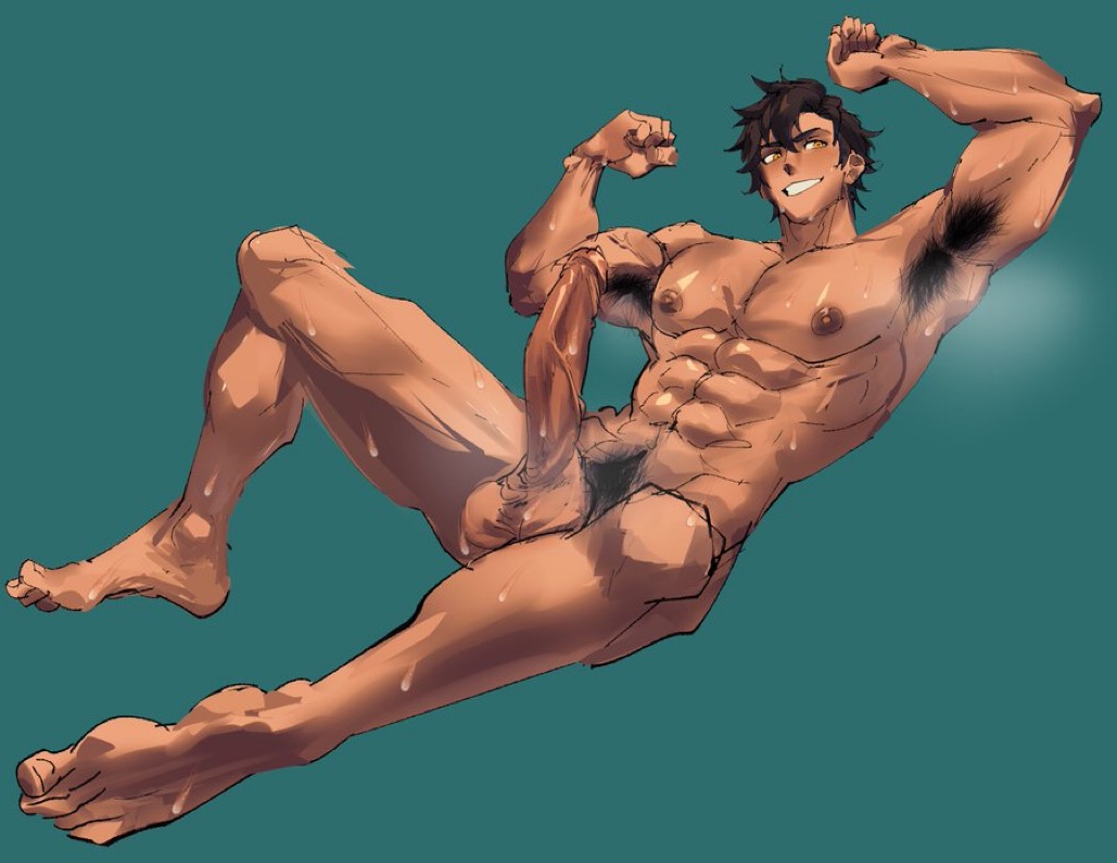 armpit_hair arms_up big_balls big_penis brown_hair erection flexing hazel_eyes kite_hasegawa lying_down male male_focus male_only male_solo muscular_male musk musk_clouds musky_armpit musky_cock nioseptem proud_of_his_cock pubic_hair smiling solo sweat sweating virtual_youtuber vtuber