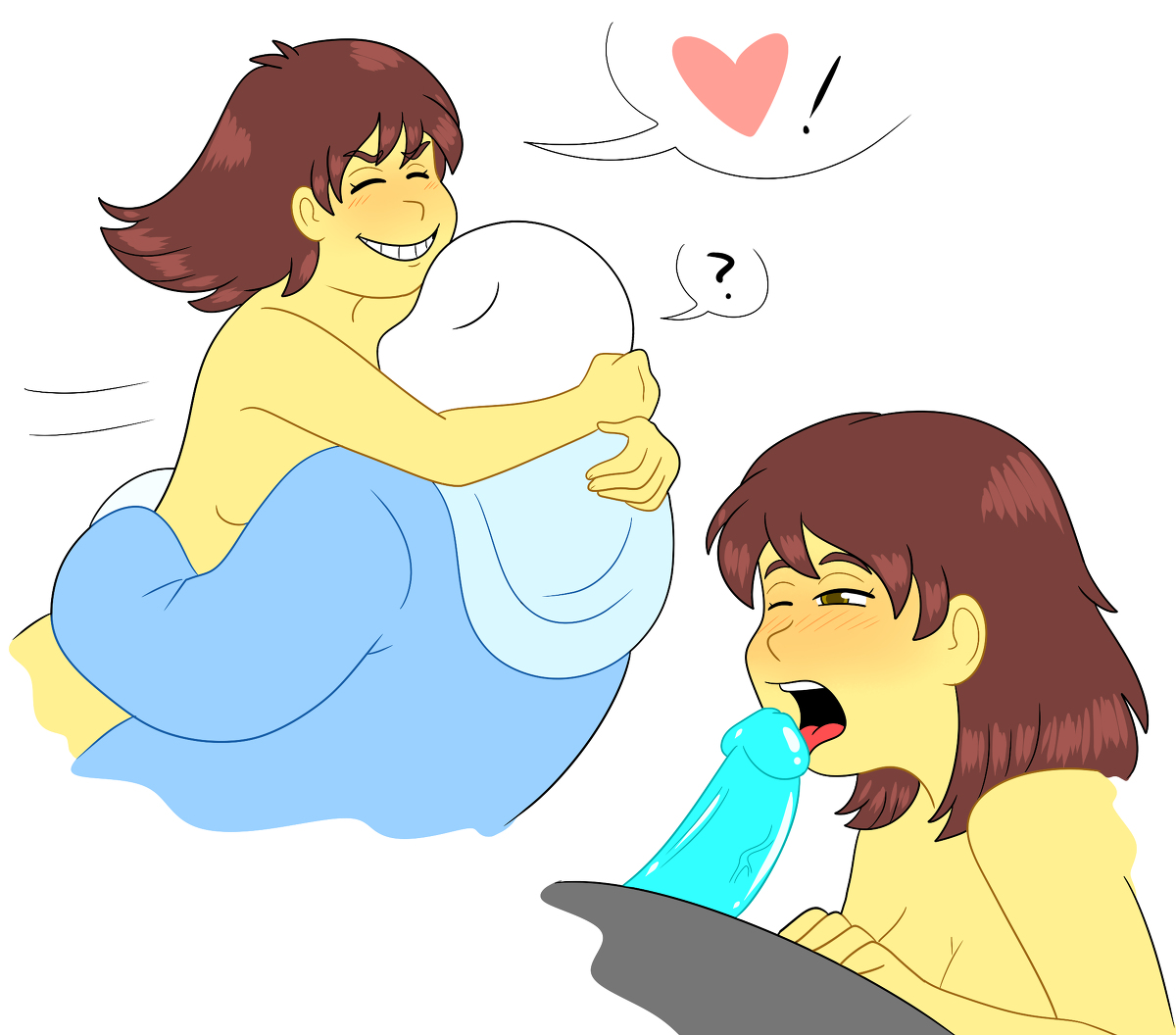 !, ?, 1boy, 1girls, 2d, anthro, blowjob, blue penis, brown hair, clothed, clothed male, clothed male nude female, female, female human, frisk, human, humanoid, lightsaber dick, male, monster, naked, nude, nude female, penis, pixiv, rainy (artist), sans, sex, skeleton, straight, undertale, undertale (series), white background