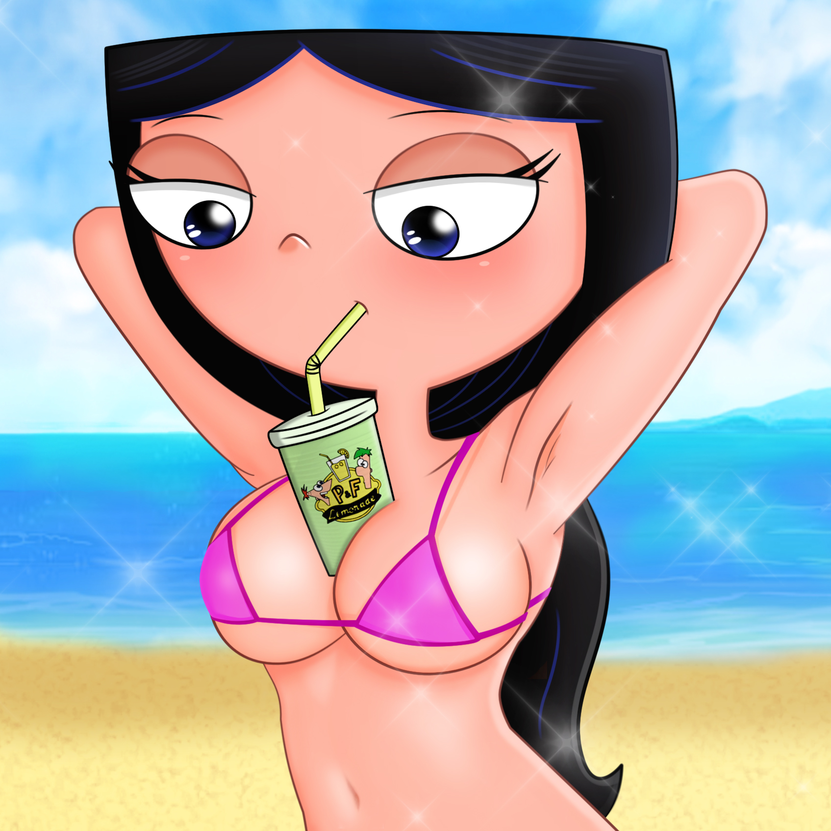 1girls, 4427strudel, aged up, armpit, armpits, arms behind head, beach, belly, big breasts, bikini, bikini top, black hair, blue eyes, blush, breasts, bubble tea challenge, busty, disney, disney channel, disney xd, drinking, female, hairless armpits, isabella garcia-shapiro, lemonade, navel, phineas and ferb, pink bikini, ponytail, pose, posing, purple bikini, sensual, solo, summer, swimsuit, tapioca challenge