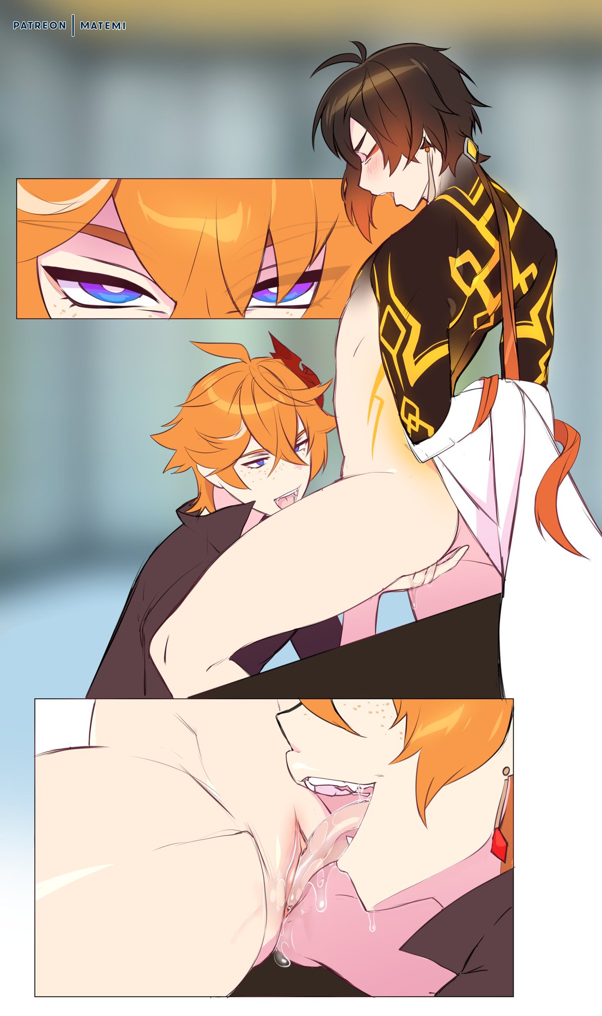childe (genshin impact), cuntboy, eating pussy, genital fluids, genshin impact, intersex, licking pussy, matemi, pussy, pussy juice, pussy licking, saliva, tartaglia (genshin impact), tongue, trans man, transmasc, zhongli (genshin impact)