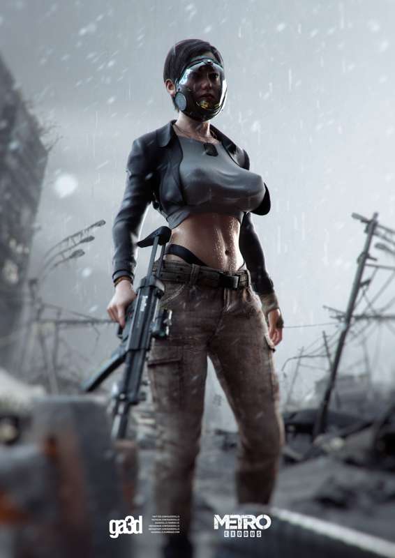 anna_miller_(metro) crop_top dog_tags ga3ddolls gas_mask gun metro_(series) metro_exodus nipple_bulge nipples_visible_through_clothing panties post-apocalyptic snow sweat