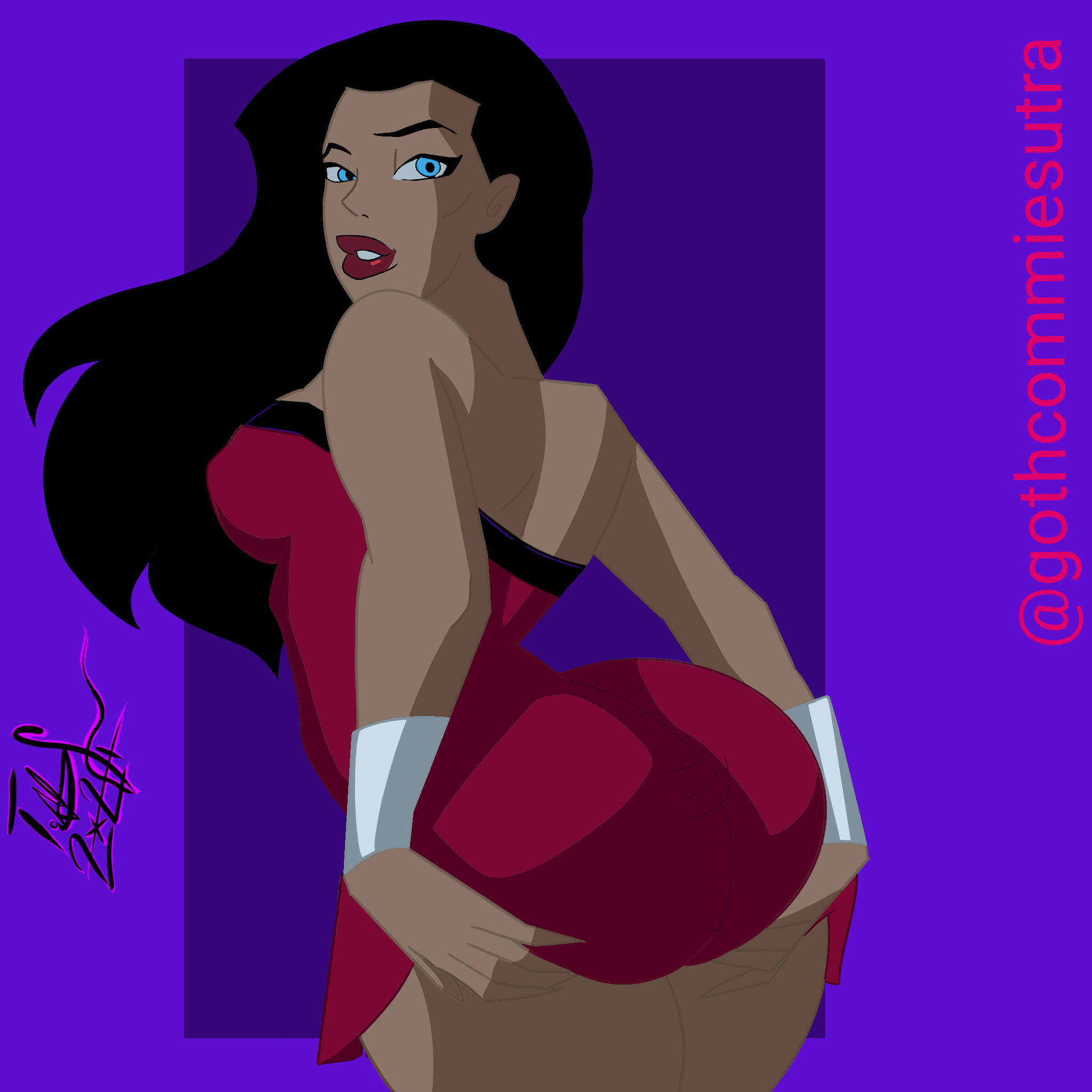 1girls, ass, big ass, black hair, blue eyes, dc, dc comics, dcau, diana prince, dress, female, female only, gothcommiesutra, justice league unlimited, light skin, light-skinned female, looking at viewer, looking back, rear view, solo, thick thighs, wonder woman, wonder woman (series)